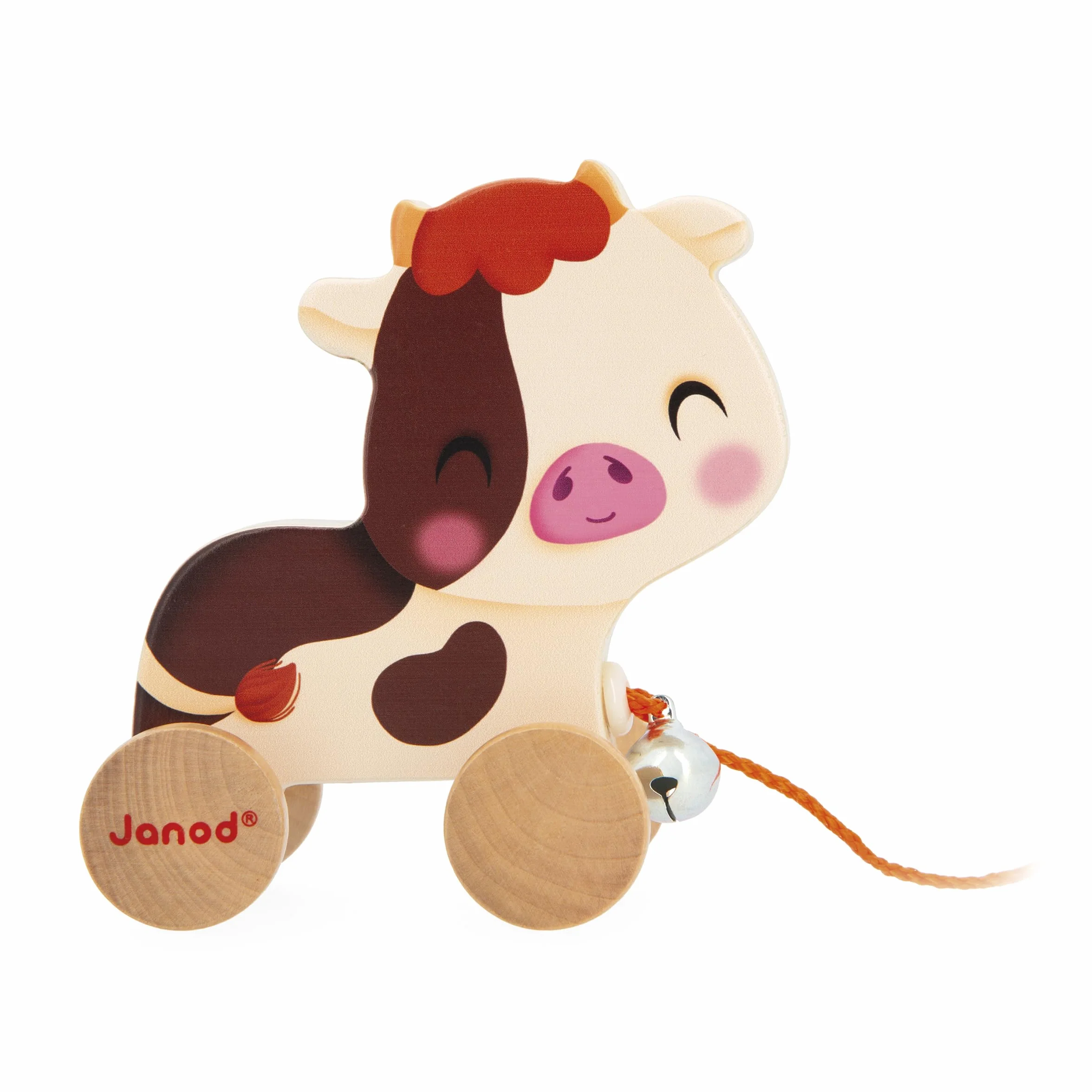 Janod Vache à Promener en Bois avec Clochette Jouet d'Eveil à Tirer et Pousser Ficelle 50cm Dès 12 mois