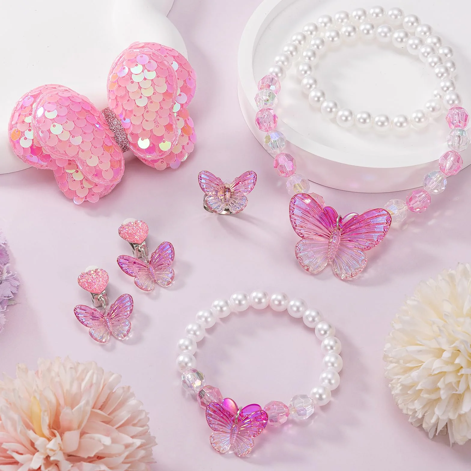 Sac à Main Bijoux Enfants Fille Papillon Colliers Bracelets Boucles d'oreilles Bagues Épingles à Cheveux avec Sac Bandoulière Princesse Accessoires Cadeaux de fête