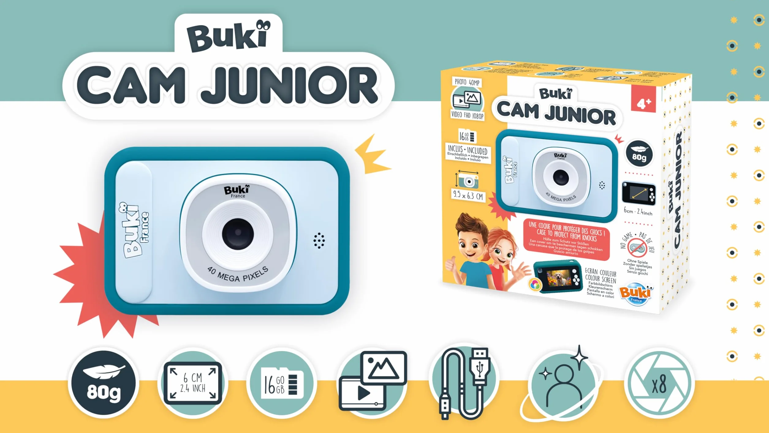 Appareil Photo Enfant 40MP Vidéo 1080P Léger 80g Écran 6cm Zoom X8 Filtres Coque Silicone Carte SD 16Go USB-C