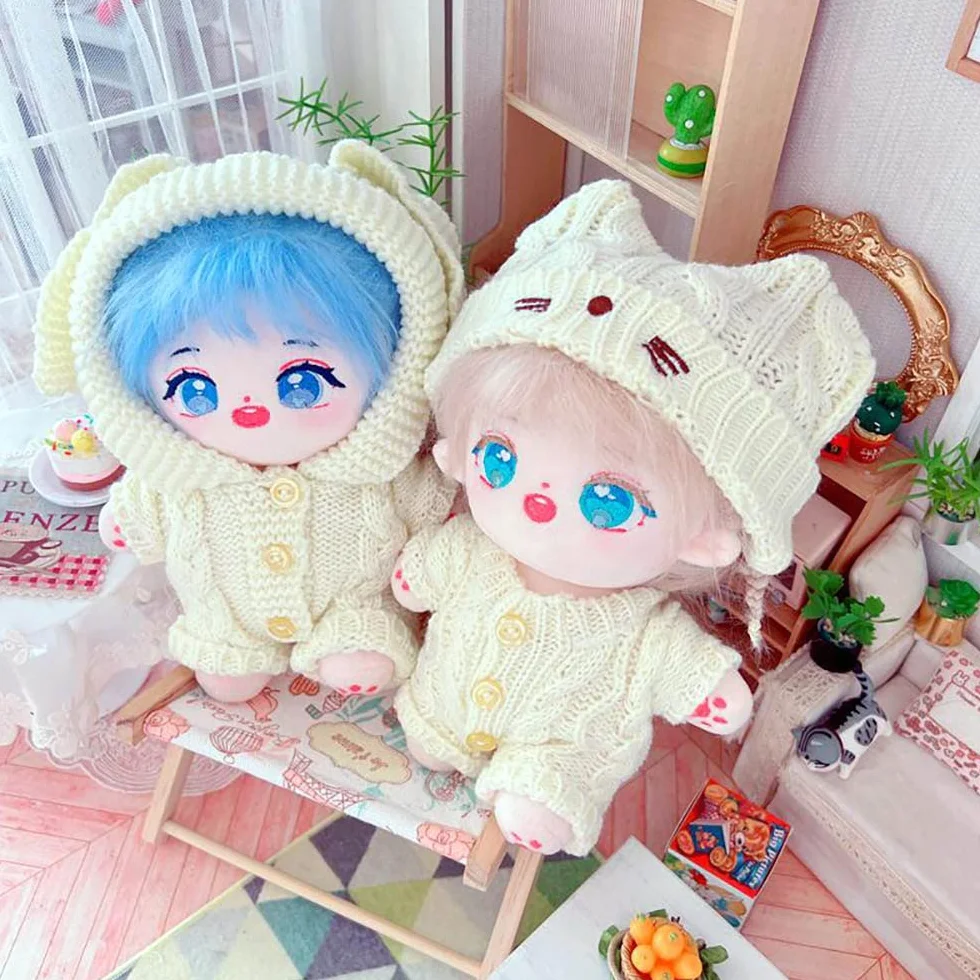 niannyyhouse Vêtements de poupée en peluche 20 cm, chapeau chat, grenouillères laine, accessoires