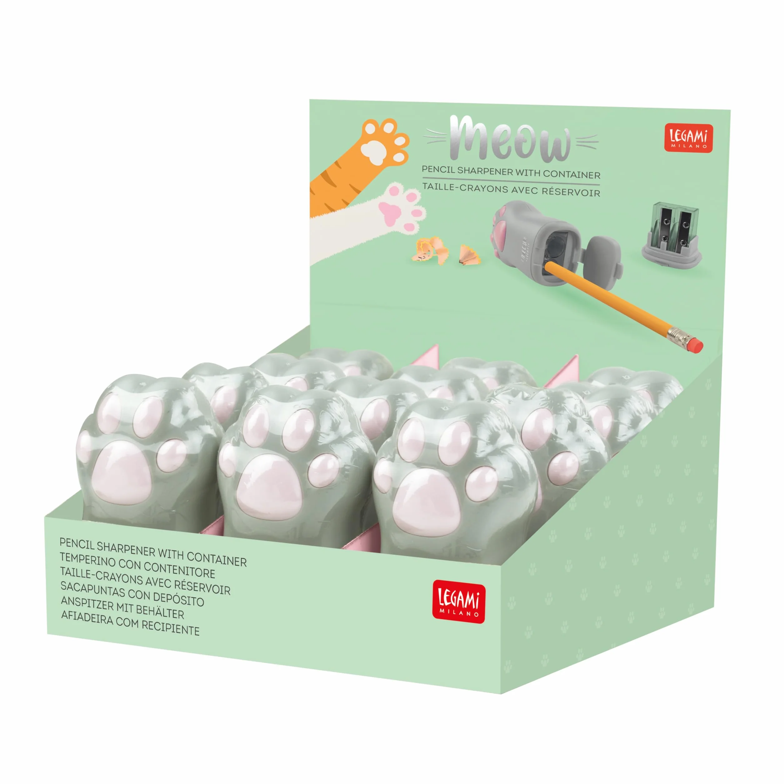 Legami Taille-Crayon Double Trou Meow 4,5x7 cm Plastique Réservoir Copeaux Miroir
