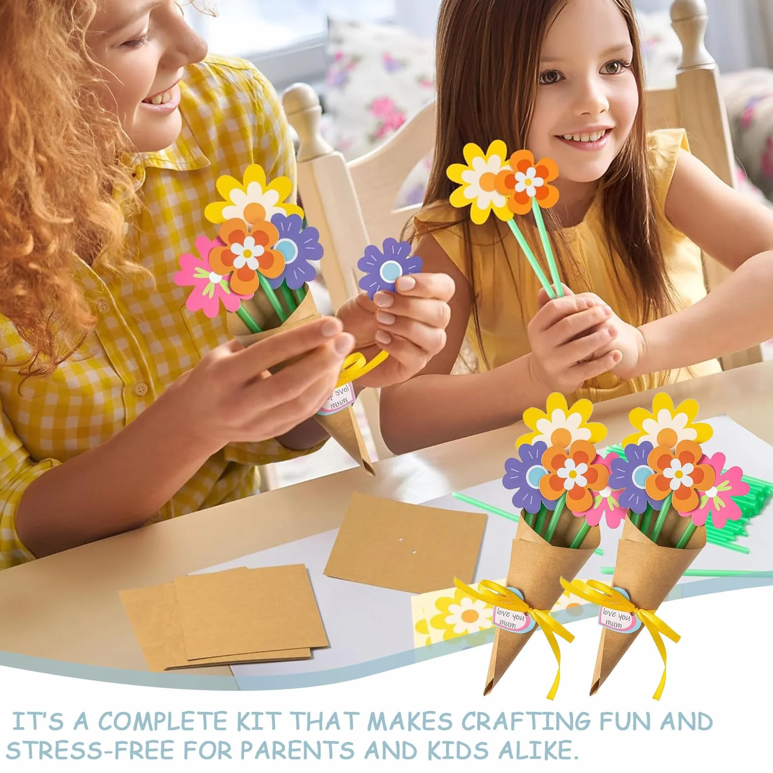Kit d'artisanat de fleur pour enfants, bricolage pour fête des mères, bouquet de fleurs à faire soi-même, filles 4-9 ans