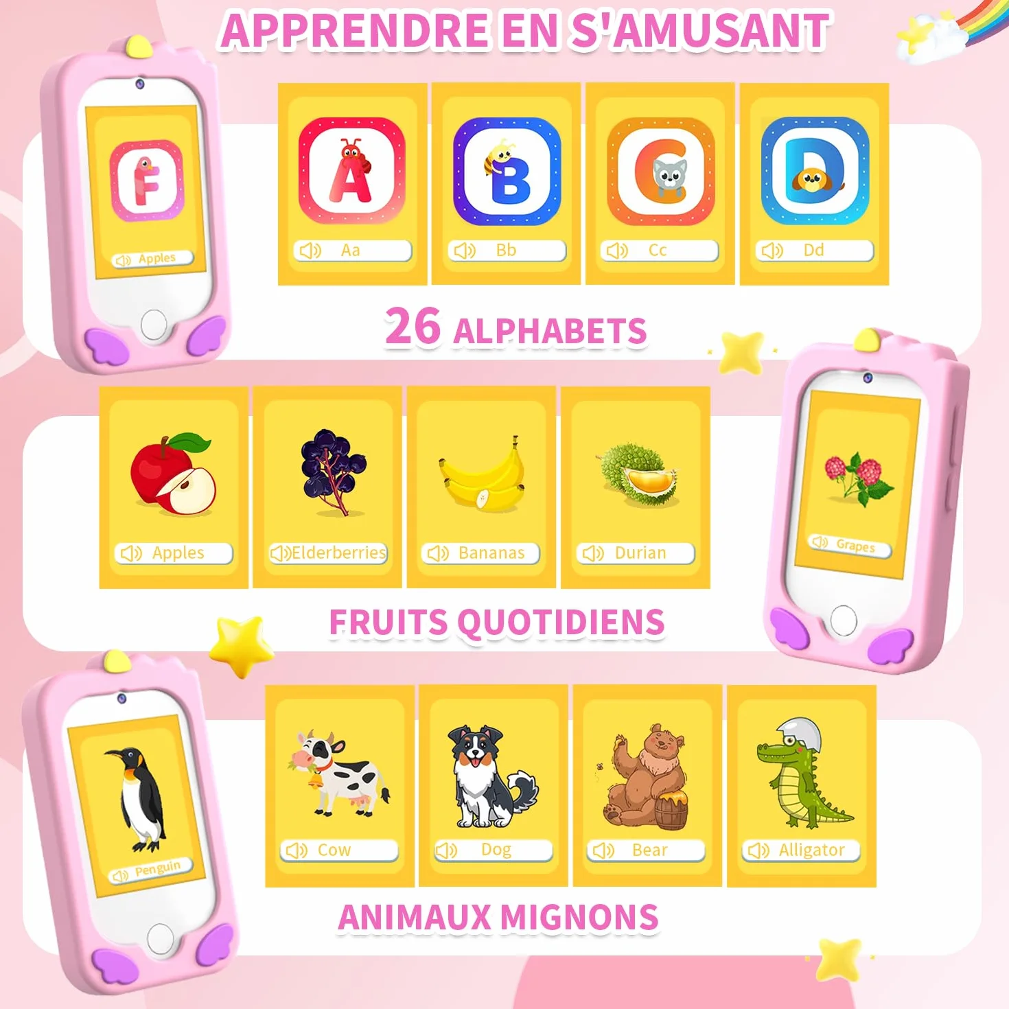 CHAKEYAKE Telephone Enfant avec Double Caméra, 2,8" Tactile écran, 32GB Carte, Jouet Apprentissage pour Filles 3-10 Ans