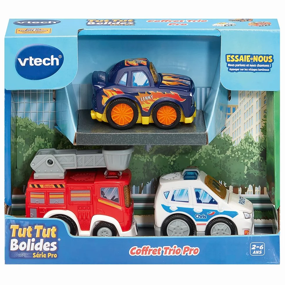 VTech Tut Tut Bolides Série Pro Coffret Trio Pro 3 Voitures Enfant Police Camion de Pompiers Voiture de Course Jouet Musical Sonore Cadeau Enfant 2-6 Ans