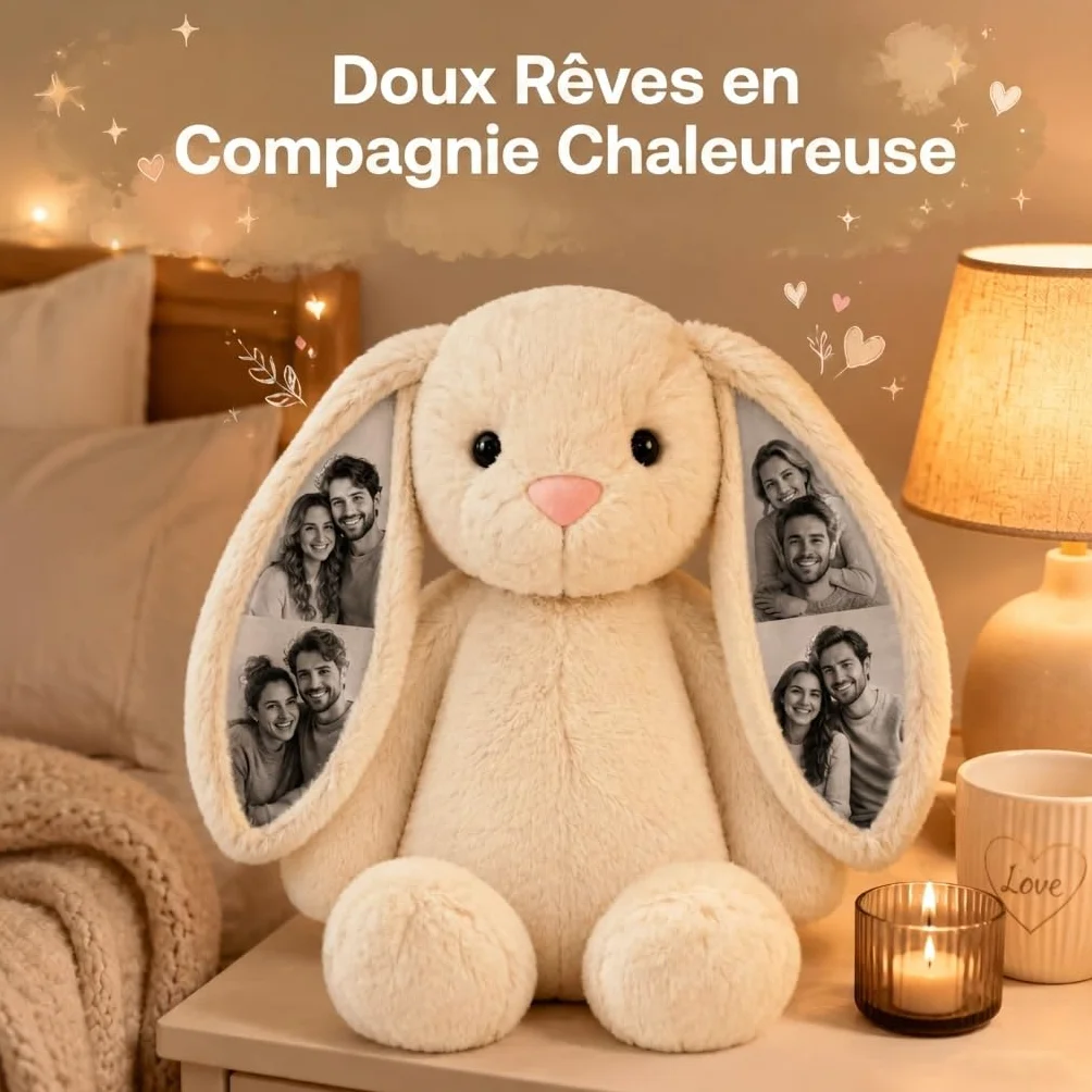 Peluche Lapin Personnalisé avec Photo Coussin Animal pour Femme Couple Cadeau Anniversaire