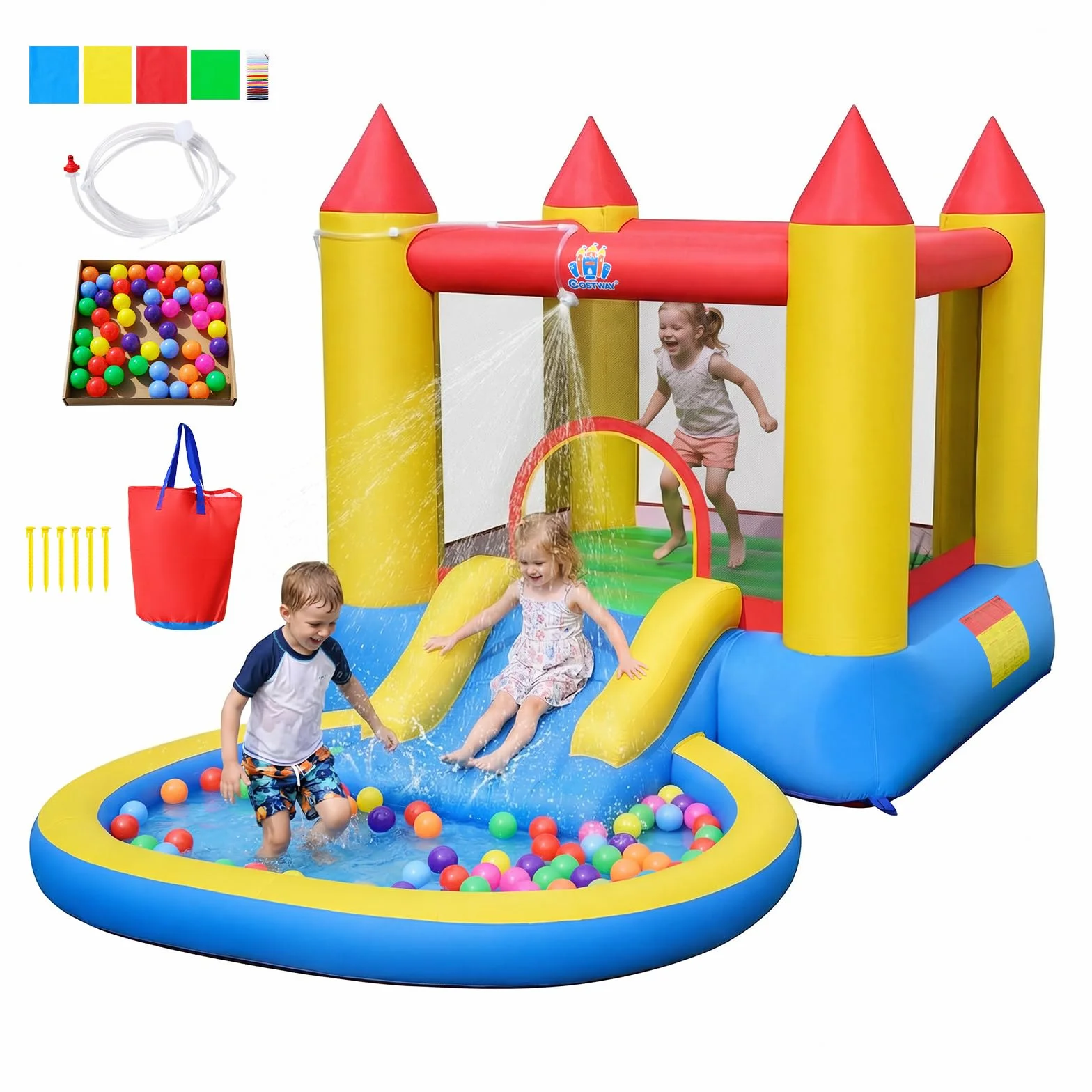 COSTWAY 3 en 1 Château Gonflable avec Toboggan et Maison de Saut, Aire de Jeux avec Piscine à Balles et 50 Balles Océaniques, pour 3-12 Ans