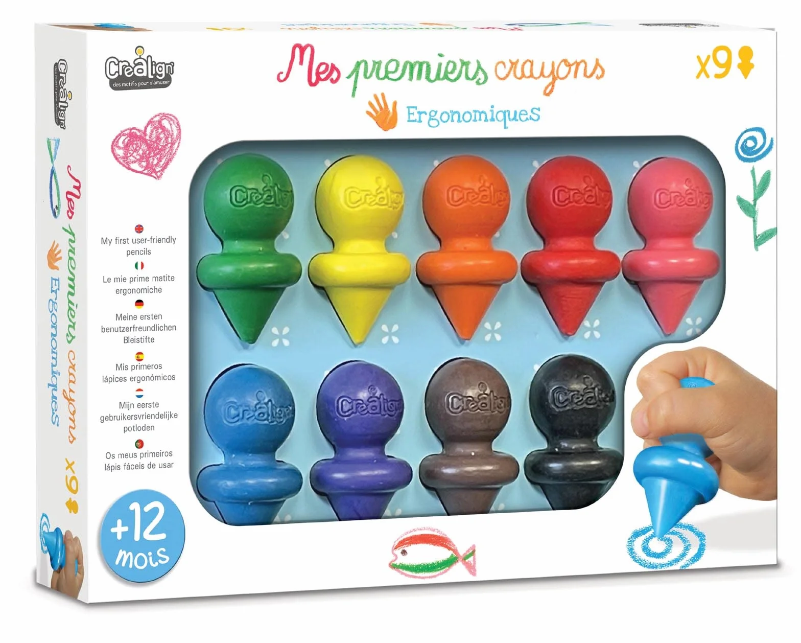 Créa Lign' 1ers Crayons de Cire Ergonomiques 9 Couleurs Dès 12 Mois
