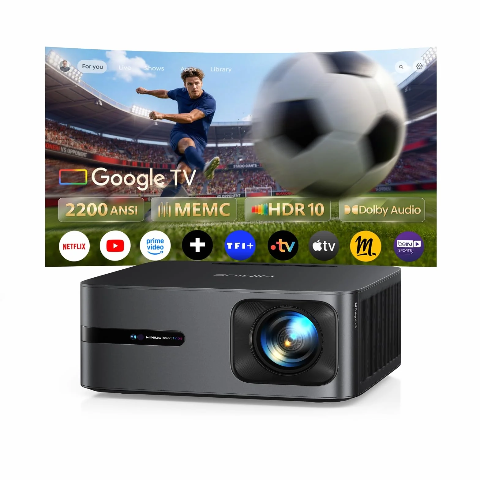 WiMiUS Vidéoprojecteur 4K 2200 ANSI Google TV Auto Focus Keystone HDR10 WiFi Bluetooth HDMI 2.1