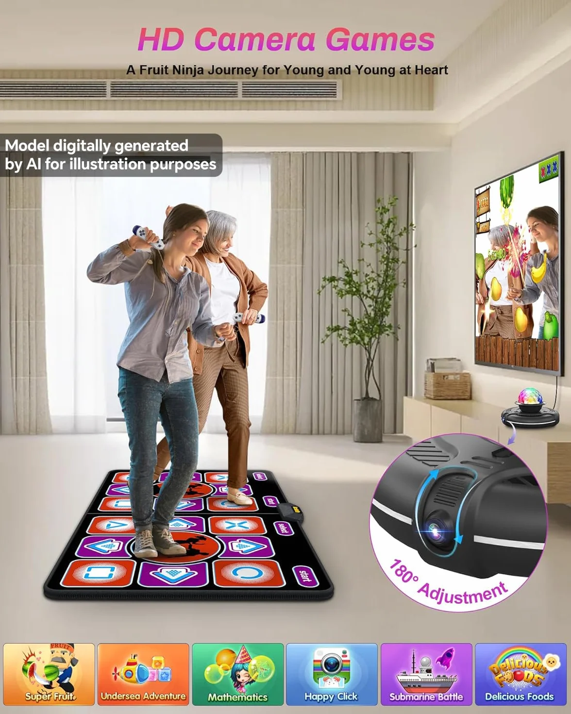 Tapis de Danse en Flanelle avec Caméra HD pour TV, Manette sans Fil, Antidérapant pour Enfants et Adultes