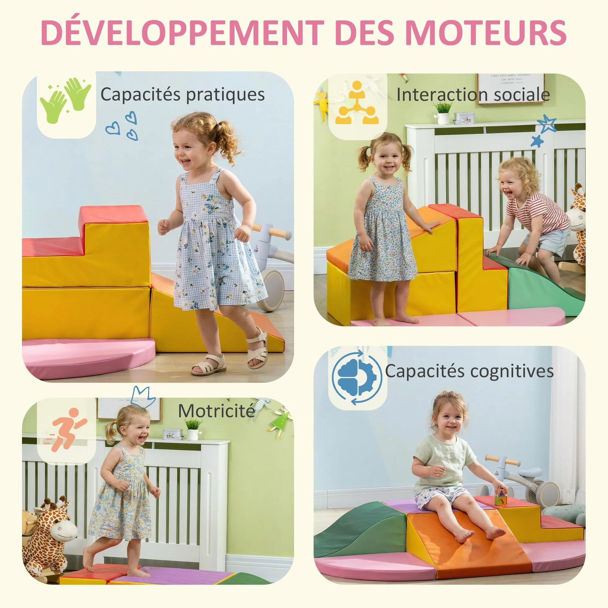 HOMCOM Parcours motricité bébé 6PCS Module en Mousse EPE avec Housse revêtement synthétique Blocs Construction Jouets éducatifs Enfants préscolaire Multicolore