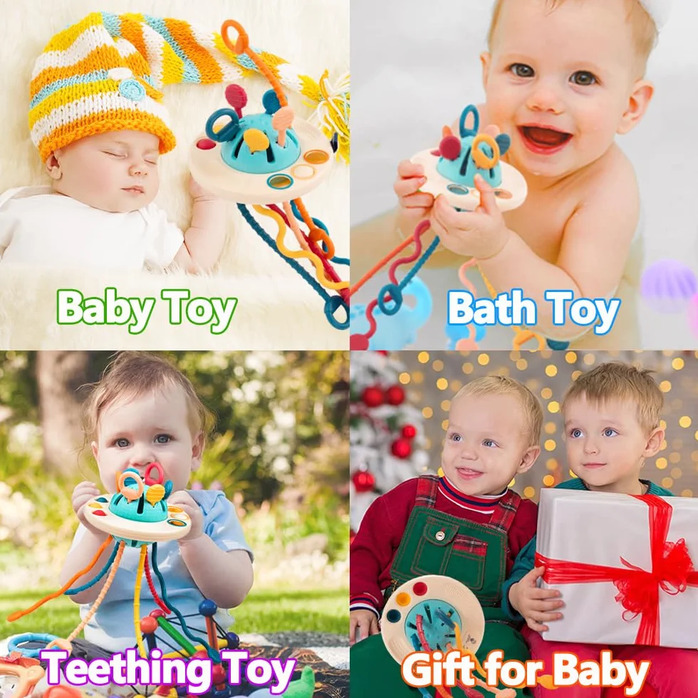 Jouets Montessori Bébés 6-12-18 Mois, Jouet Bebe 1 an, Jeux Motricité Multisensorielle Corde à Tirer Silicone