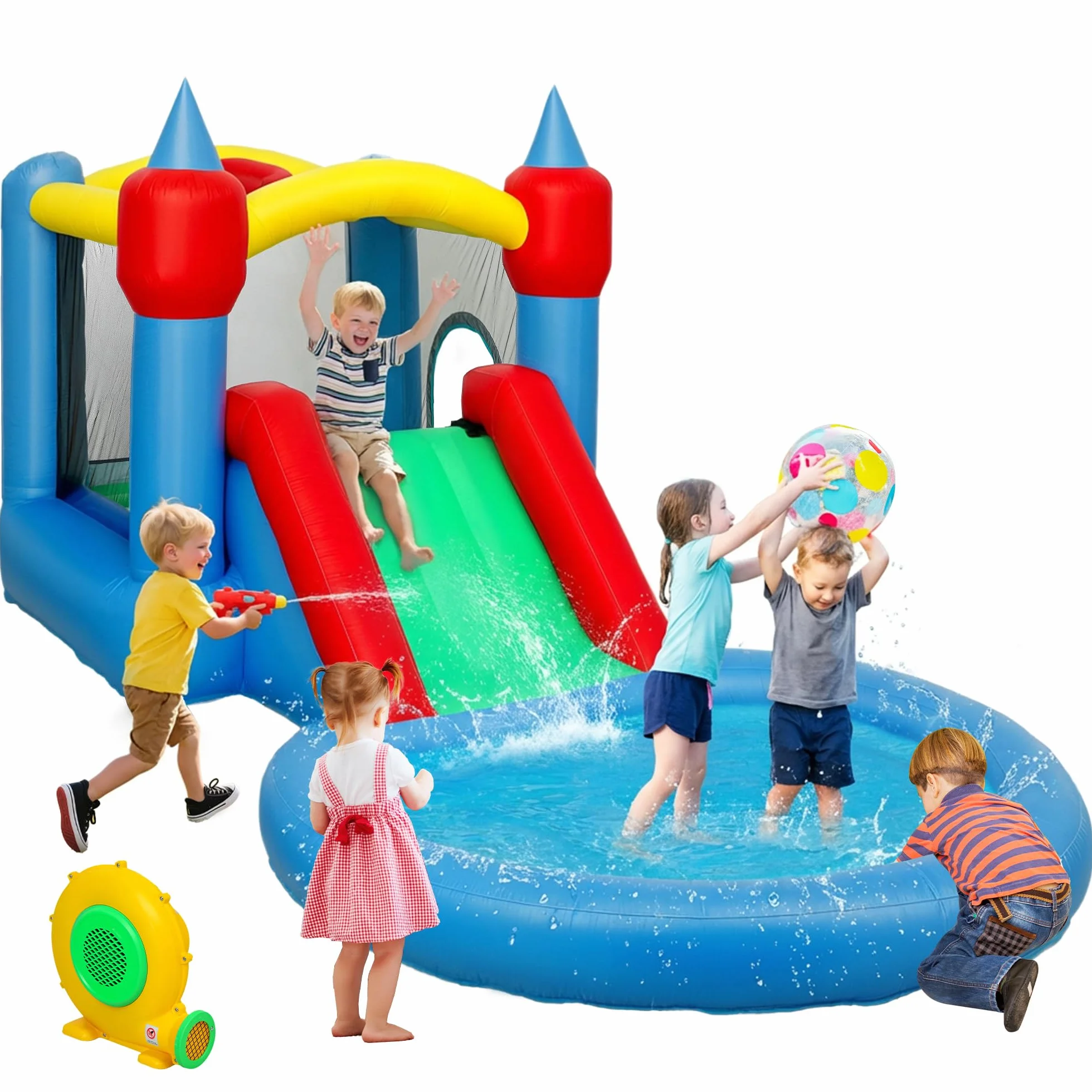 AIYAPLAY Château Gonflable 4 en 1 avec Toboggans, Trampoline, Panier de Basket, Piscine à Balles, pour Enfants 3-8 Ans