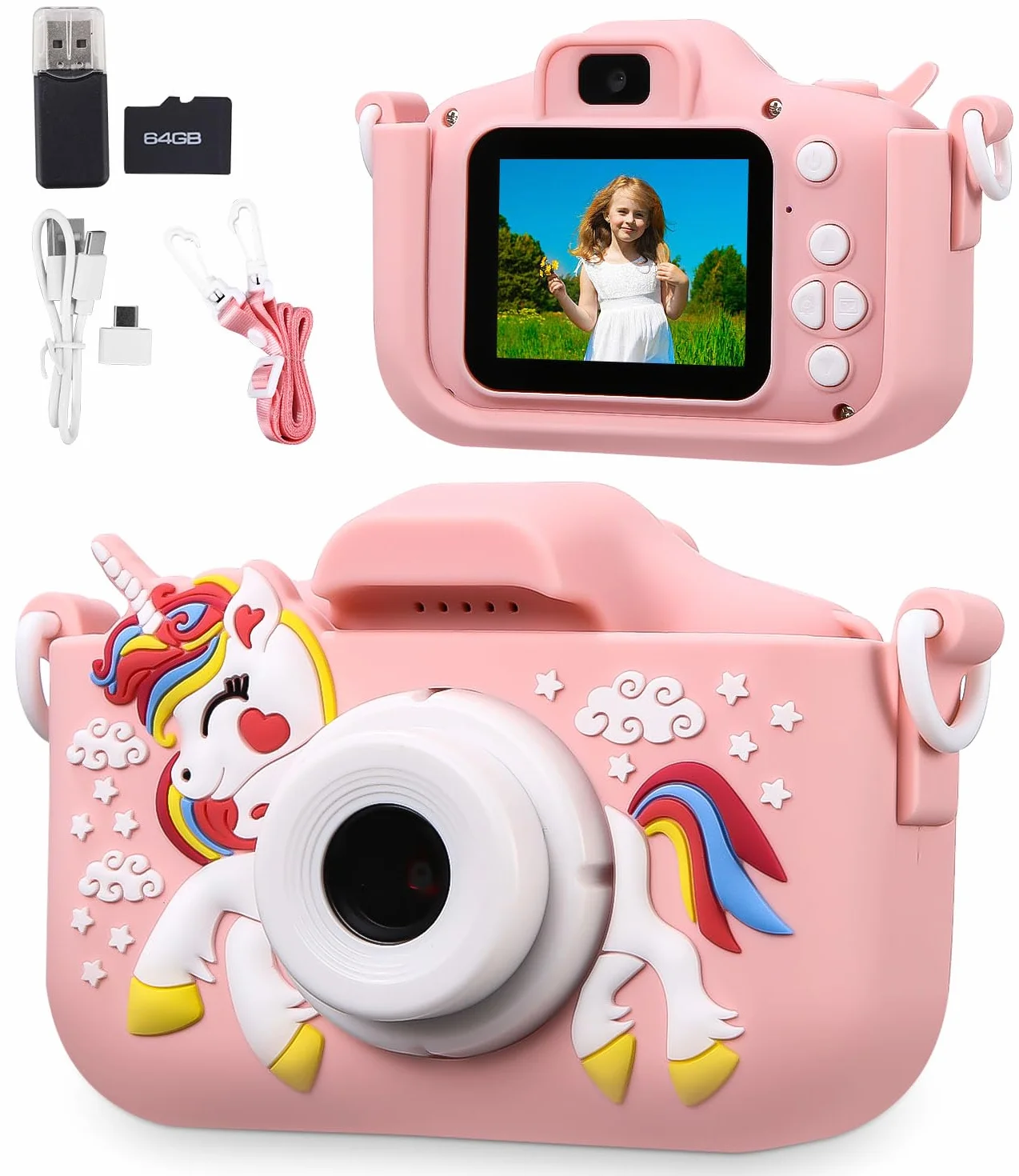 Appareil Photo Numérique Enfant 2.0 Pouces HD 1080p 64Go Carte SD Rechargeable Cadeau Filles Garçons 3-10 Ans