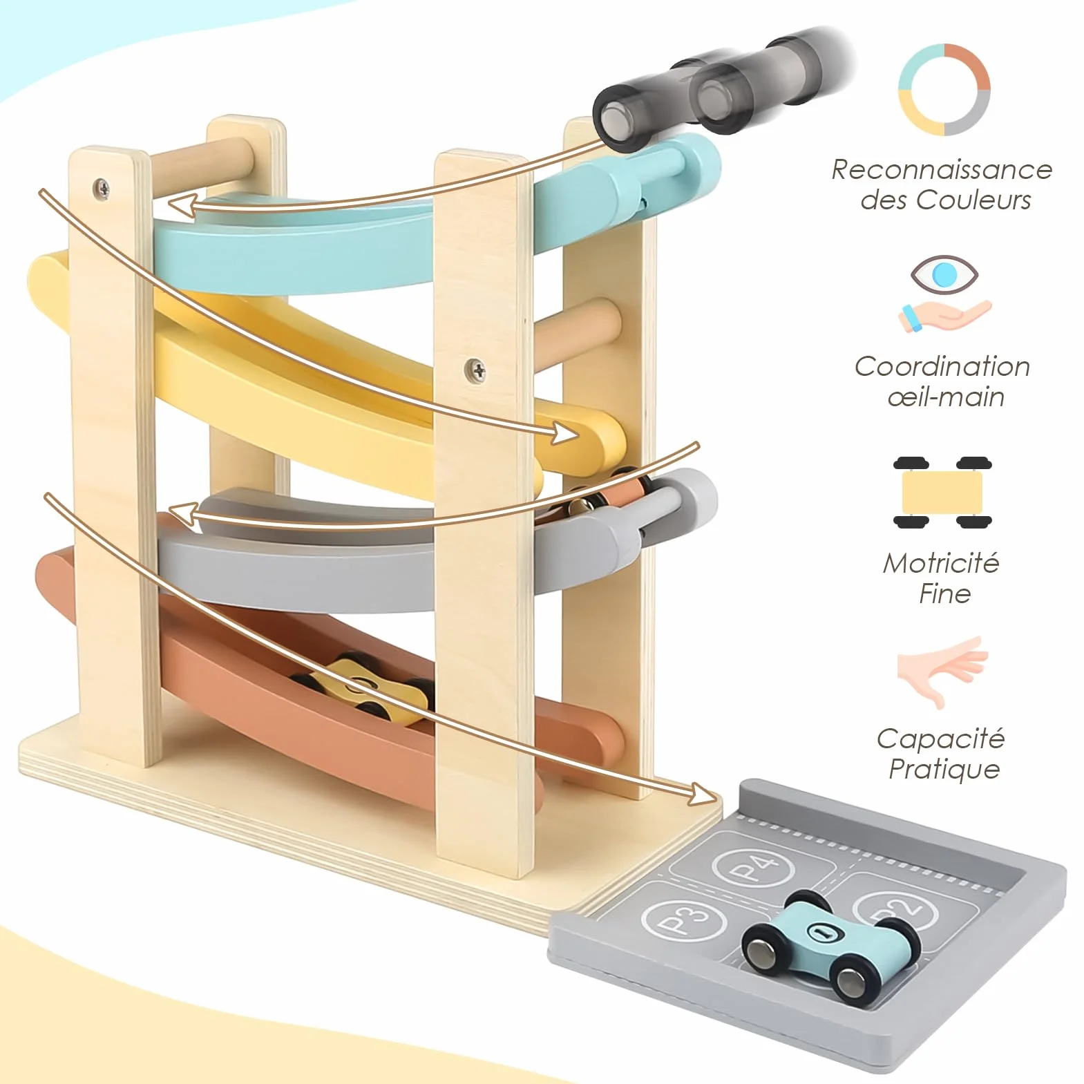 Vanplay Jouet Garcon 1 Ans Jouet Voiture Bebe Jouet en Bois avec 4 Mini-Voitures et Garage, Cadeau Enfant 1 2 Ans