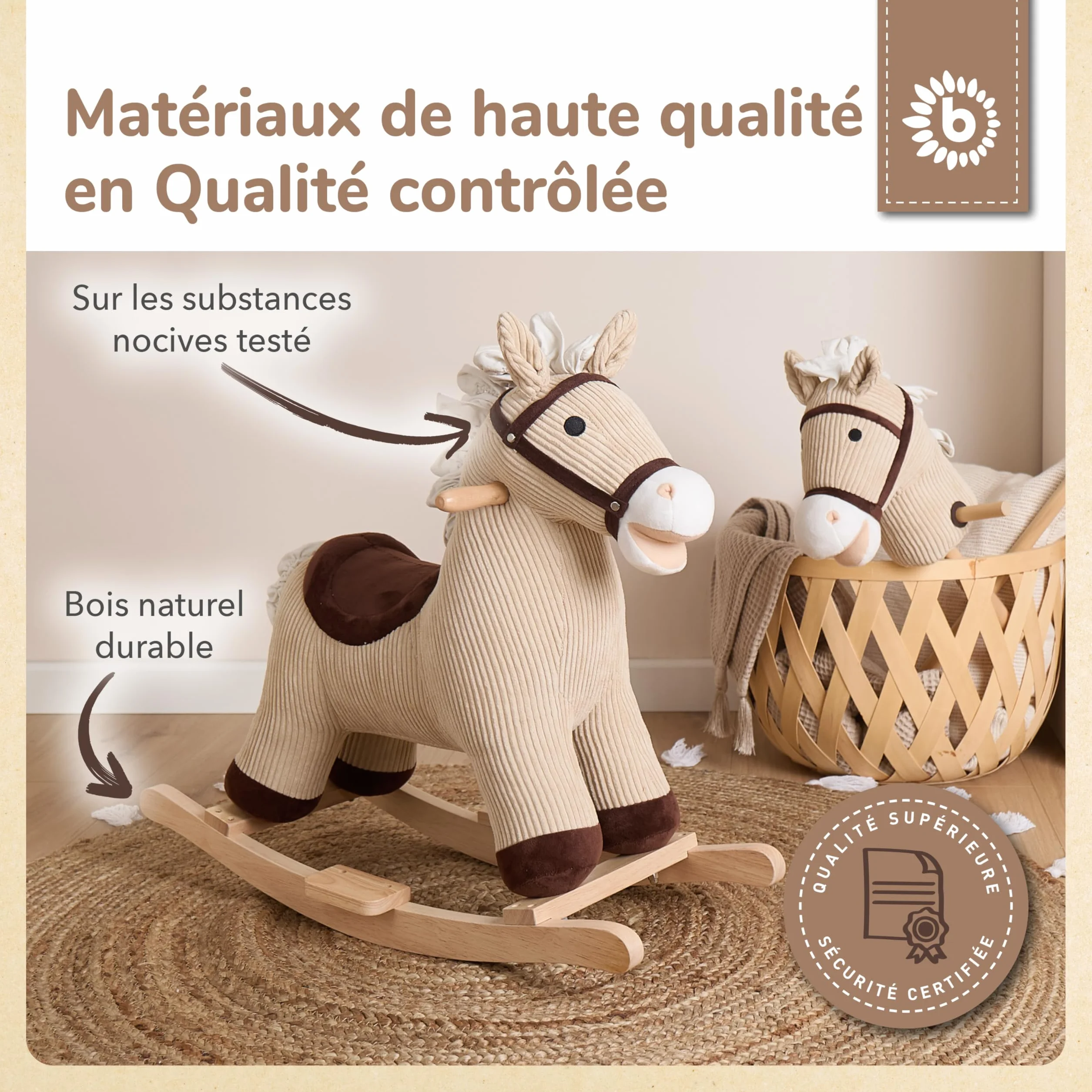 Bieco Cheval à bascule en peluche Lucky 68 cm | Jouet à bascule en bois pour enfant à partir de 1 an