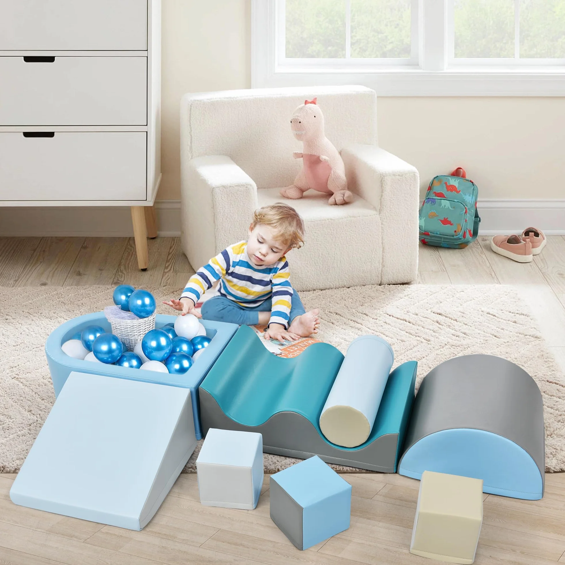 Parcours Motricité Bébé 6 Blocs Mousse Modulables Grimper Glisser Ramper Jouet Éveil Sensoriel Bleu 60x50x40