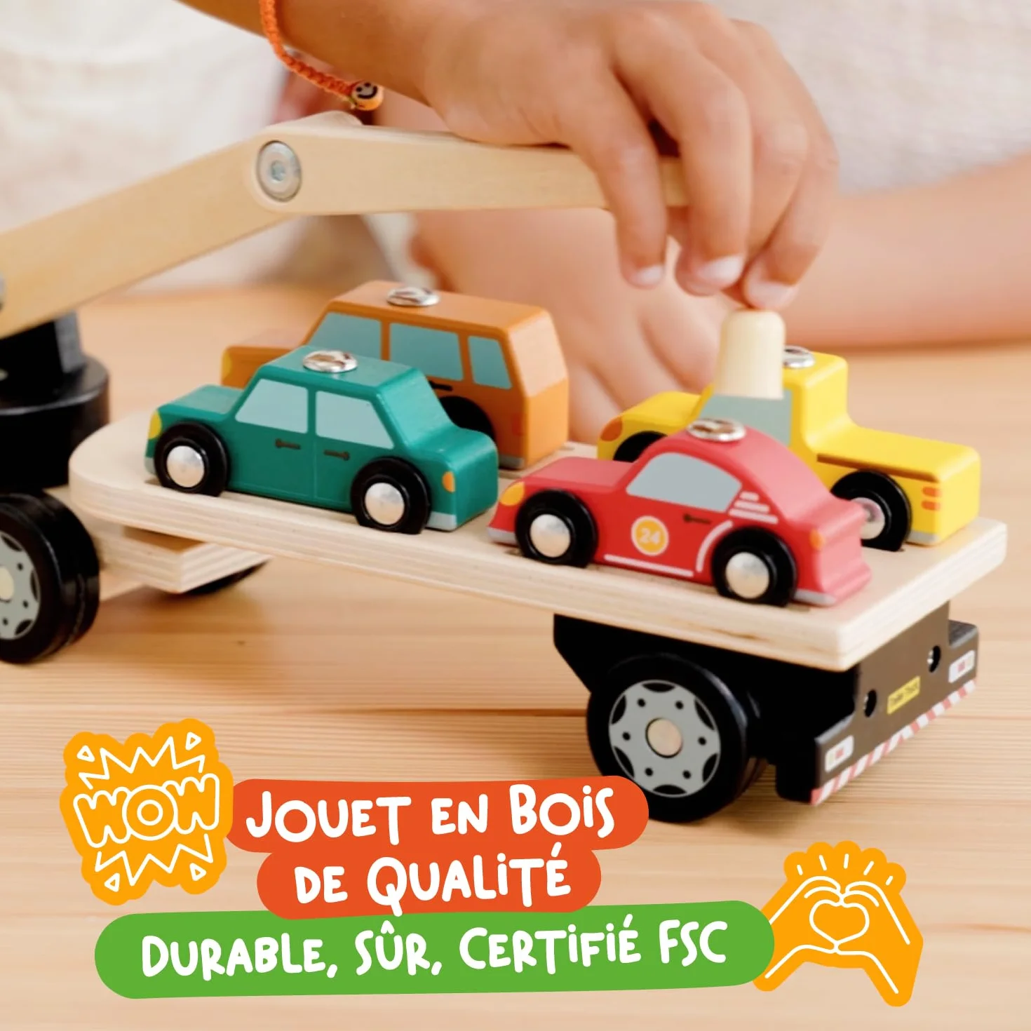 Camion Magnétique en Bois Nene Toys avec 4 Voitures et Grue – Jouet Montessori dès 2 Ans – Véhicules Interactifs Éducatifs