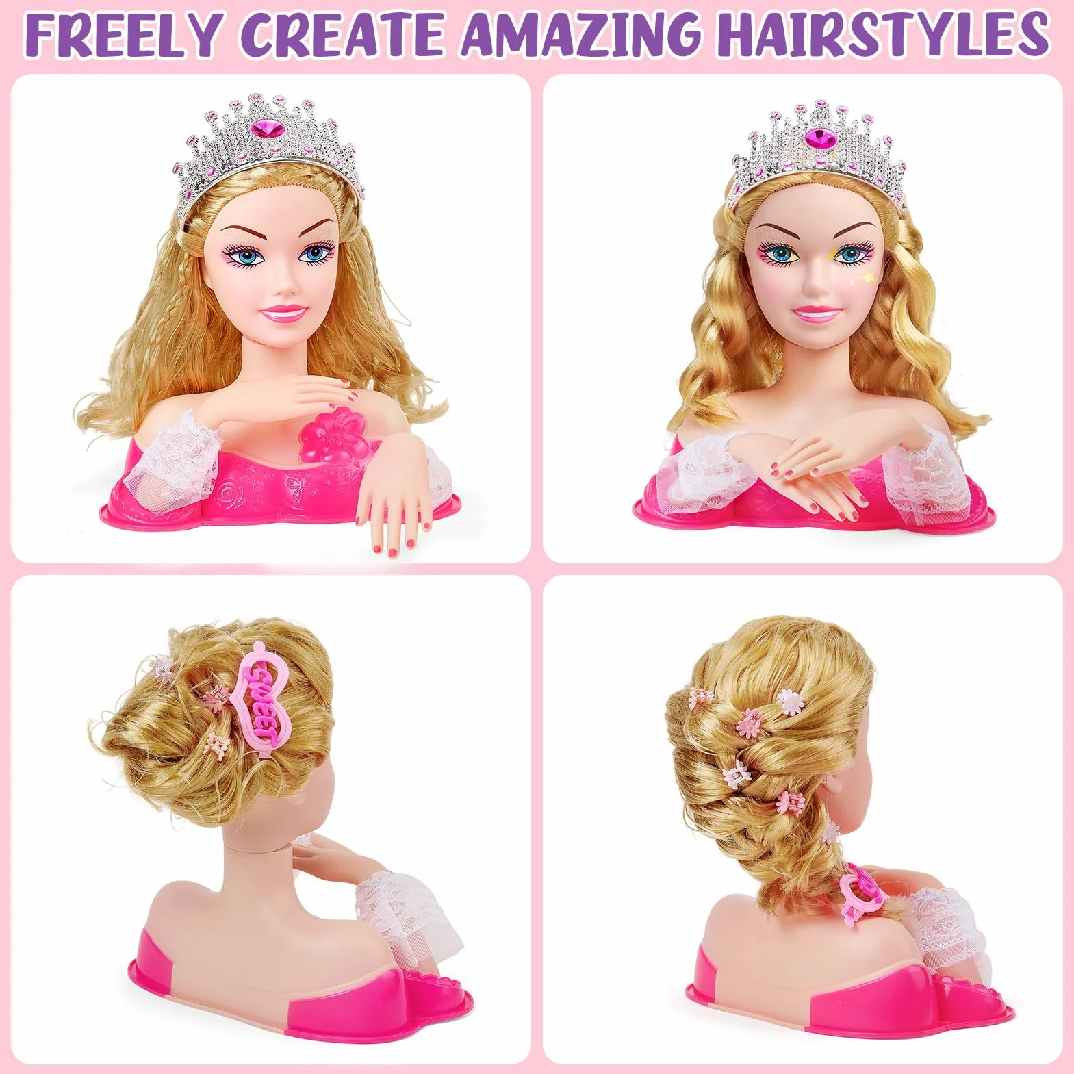 Tête à Coiffer Jouet Enfant Fille 4 5 6 Ans avec Sèche Cheveux Maquillage Vernis à Ongles Accessoires Coiffure