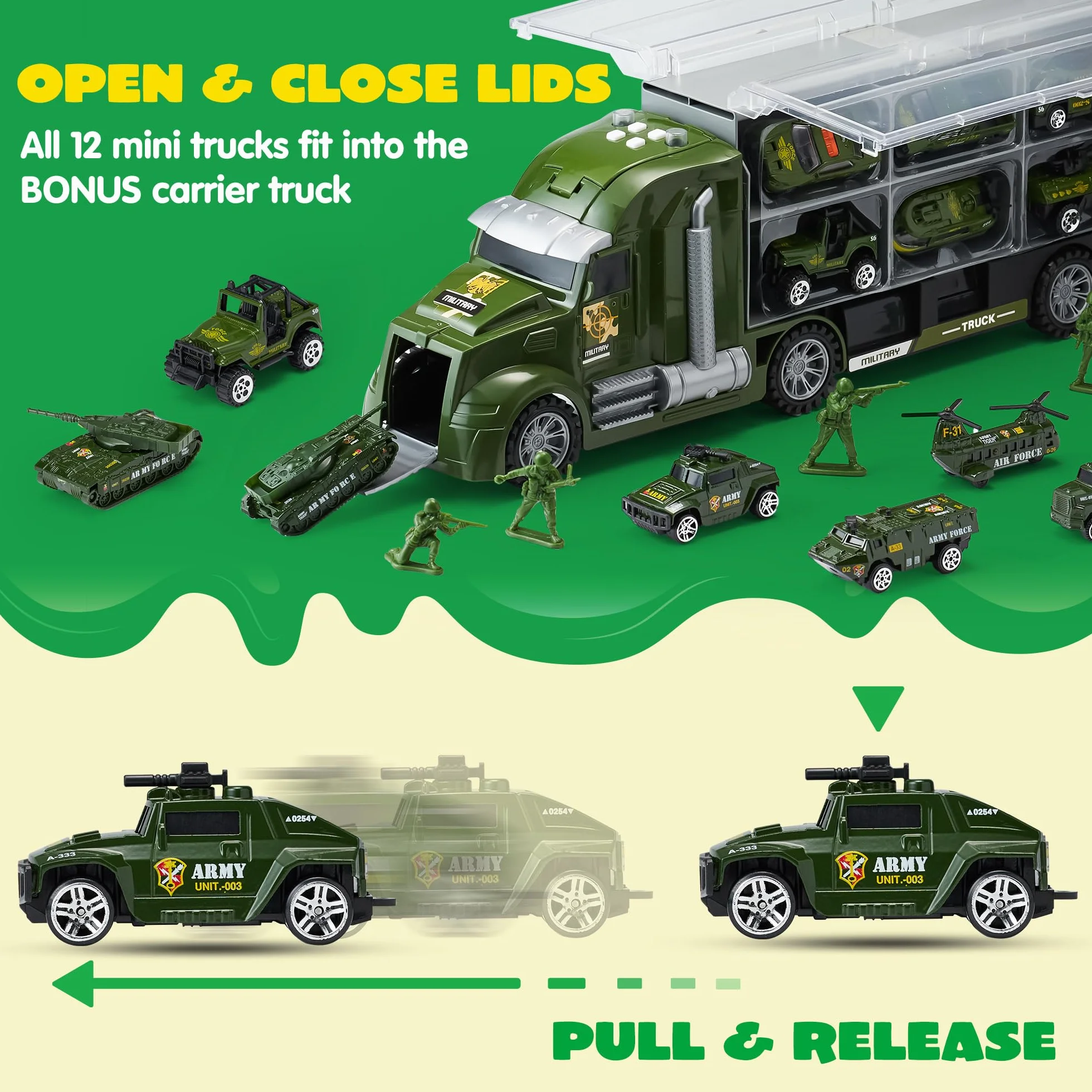 JOYIN 25 en 1 Camion Militaire Moulage sous Pression Véhicule de l'armée avec lumières et Sons, Cadeau pour garçons 3+ (Vert)