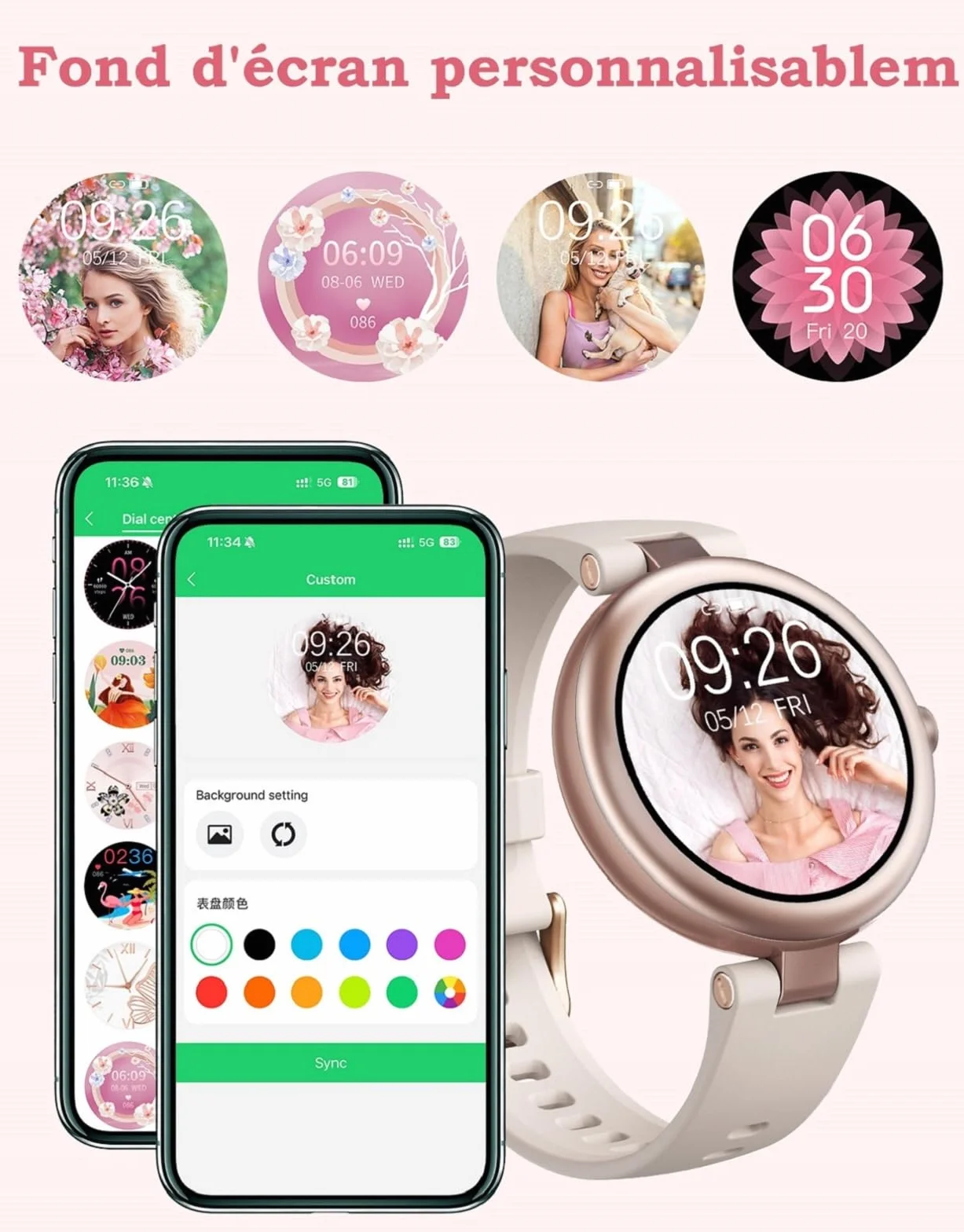 Montre Connectée Femme Ronde Petite Smartwatch avec Appel Bluetooth Cardiofrequencemetre Oxymetre IP68 pour Android iOS