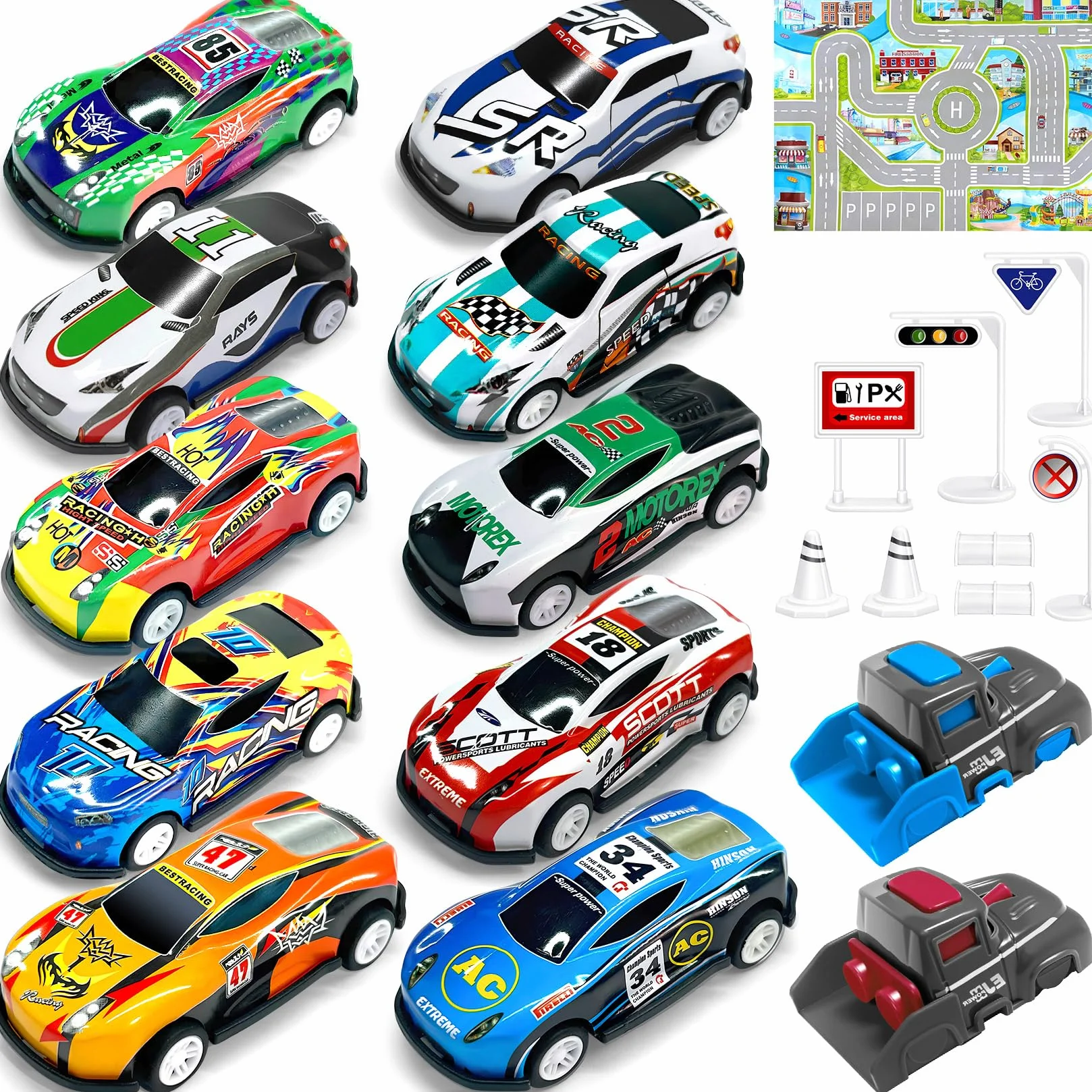 Coffret Petite Voiture Enfant, 10 Voitures Jouets avec Catapulte & Tapis de Jeu, Lot Miniature Métal 1/64, Véhicules à Friction 3-8 Ans