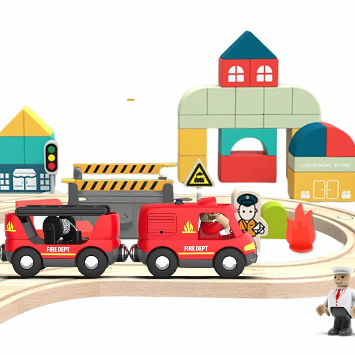 LiRiQi Camion de Pompiers Son et Lumière, Train Magnétique Enfant Compatible Brio Thomas Rails Bois