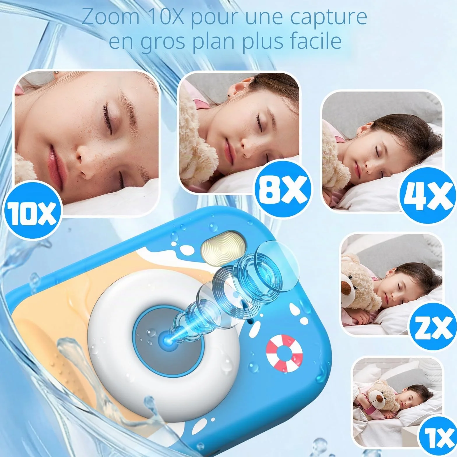 Appareil Photo Enfant Étanche 48MP 1080P Caméra sous-Marine 2,4 Pouces LED Flash Carte TF 32 Go Bleu