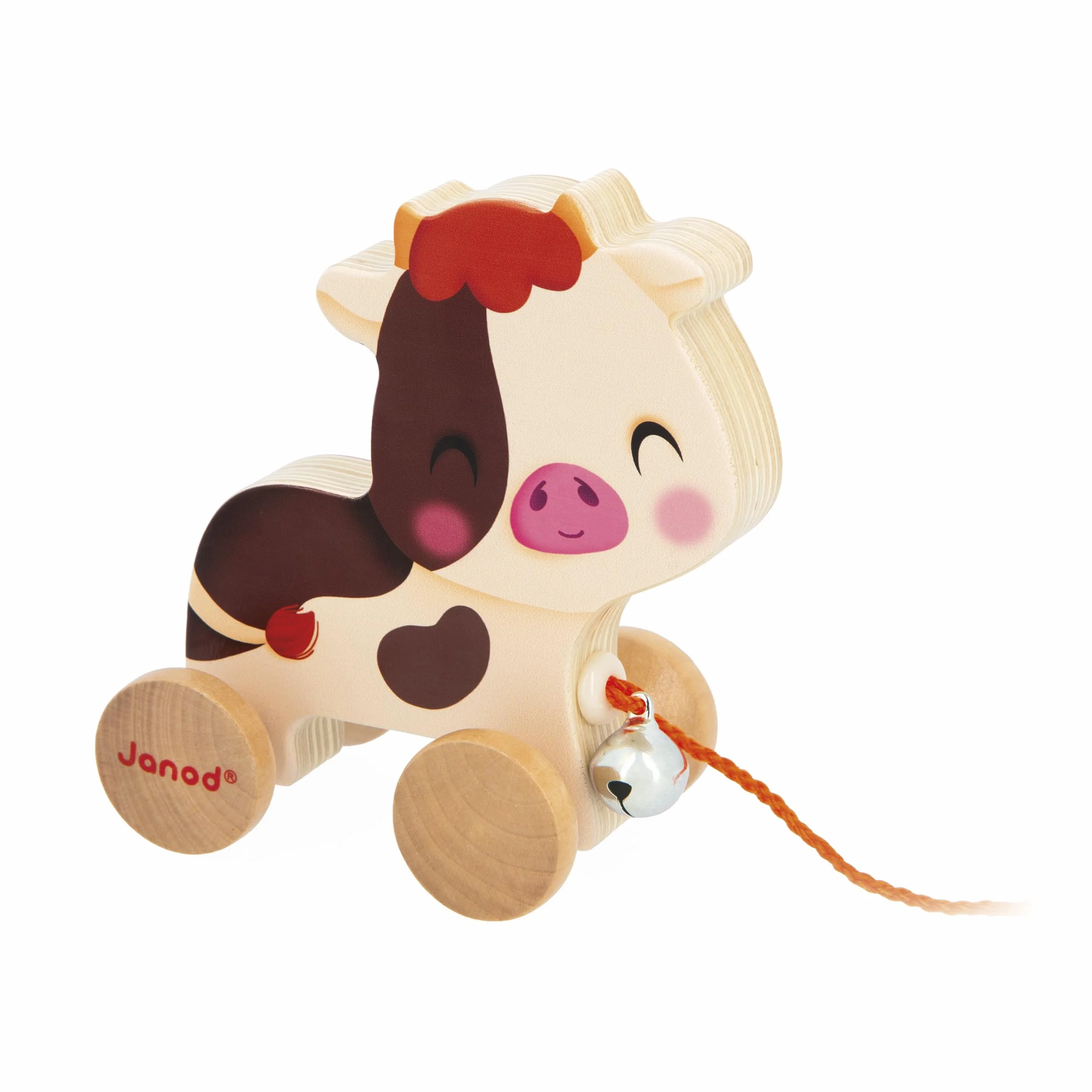 Janod Vache à Promener en Bois avec Clochette Jouet d'Eveil à Tirer et Pousser Ficelle 50cm Dès 12 mois