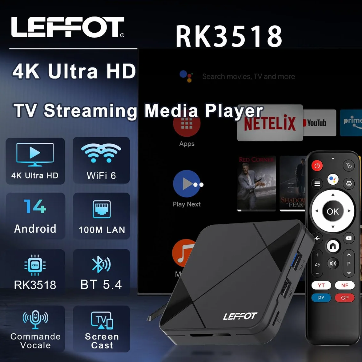LEFFOT Android 14 TV Box 4K Ultra HD RK3518 Quad-Core A53 2GB RAM 16GB ROM WiFi 6 BT 5.4