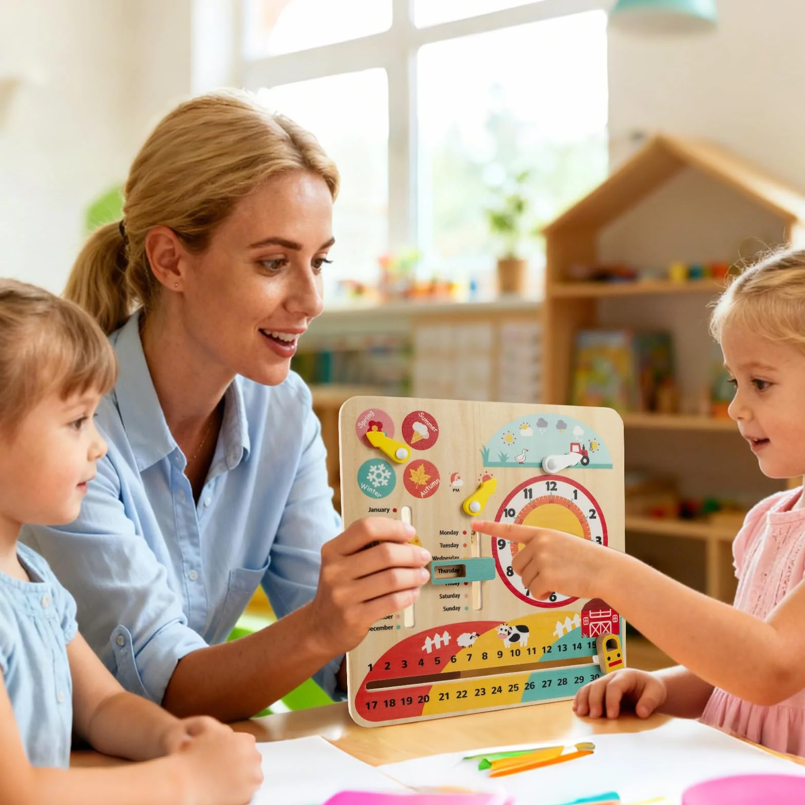 GOPLUS Calendrier Enfant Éducatif 7 en 1, Planche d'Activité d'apprentissage des Mois, Semaines, Jours, Saisons, Heure, Météo, Jouet Montessori Motricité en Bois pour 3+ Ans