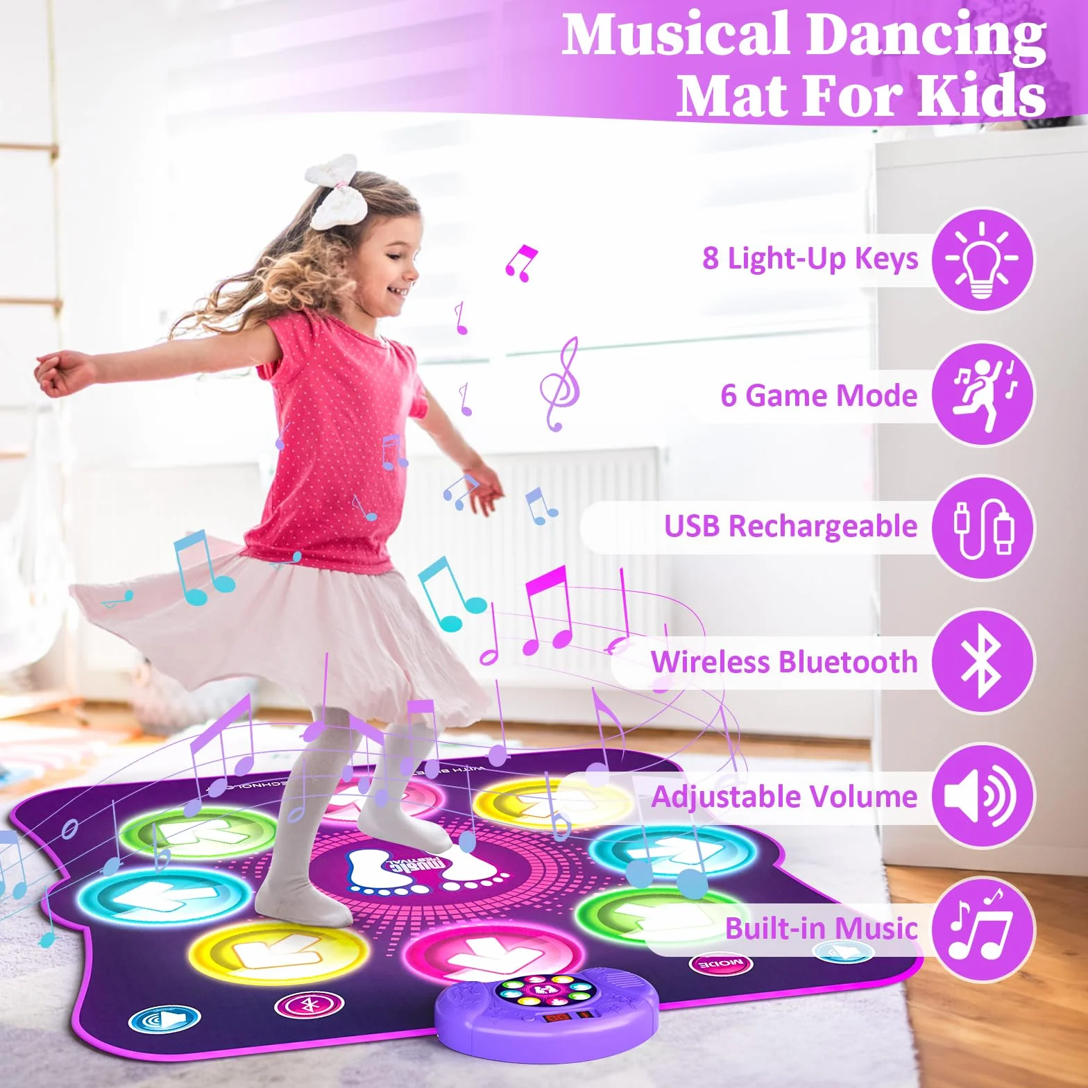 Tapis de Danse pour Enfants LED Musique 8 Flèches Lumière 6 Modes de Jeu Batterie Cadeau Noël 3-12 Ans
