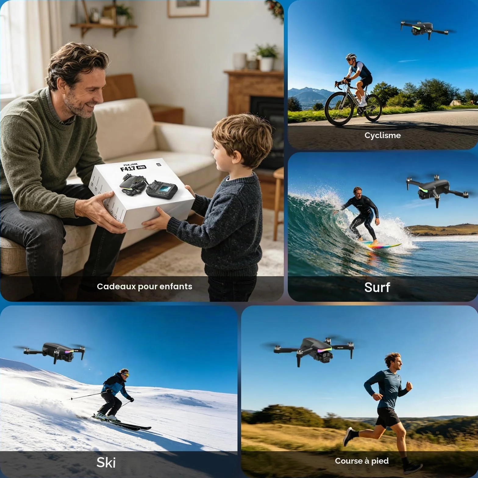 F417PRO Drone avec Caméra 1080P, Mini Drone Double Objectif 90°, LED, Flux Optique, Batterie Modulaire, Sacoche
