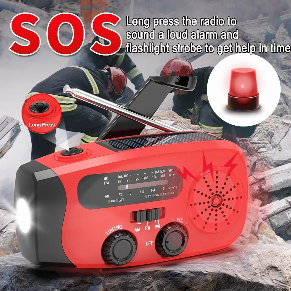 Radio solaire d'urgence portable 2000 mAh avec alarme SOS et chargeur USB