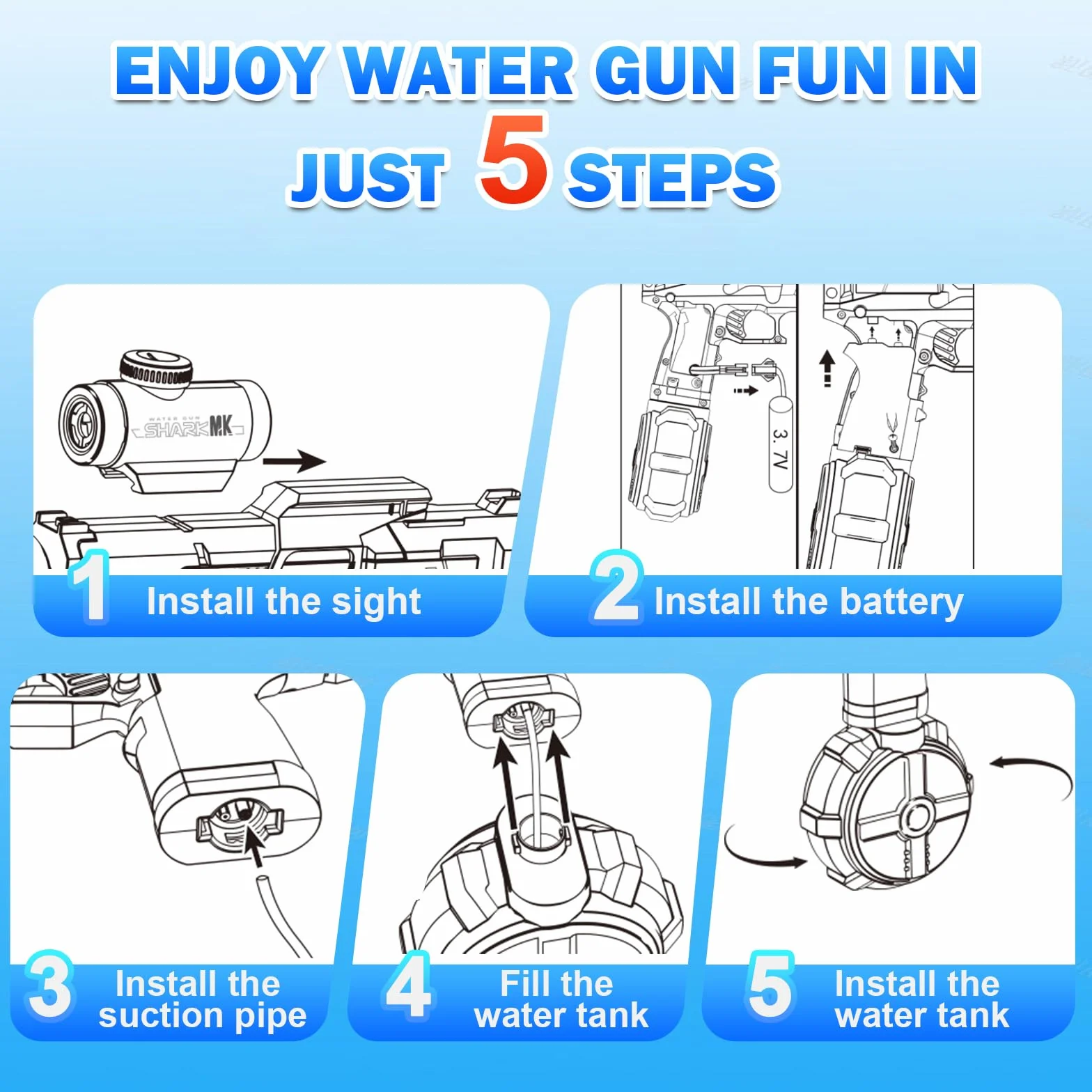 Pistolet à Eau Électrique pour Enfants, Longue Portée, avec Lampe LED, Jouet de Piscine, Cadeau (Noir)