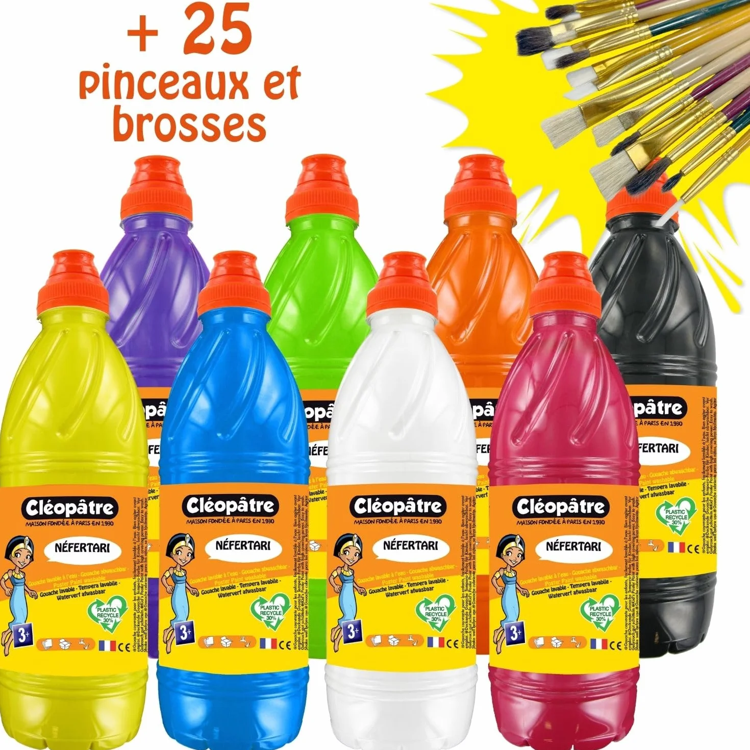Cléopâtre Lot de 8 flacons Gouache 1L + 25 pinceaux brosses Ecole