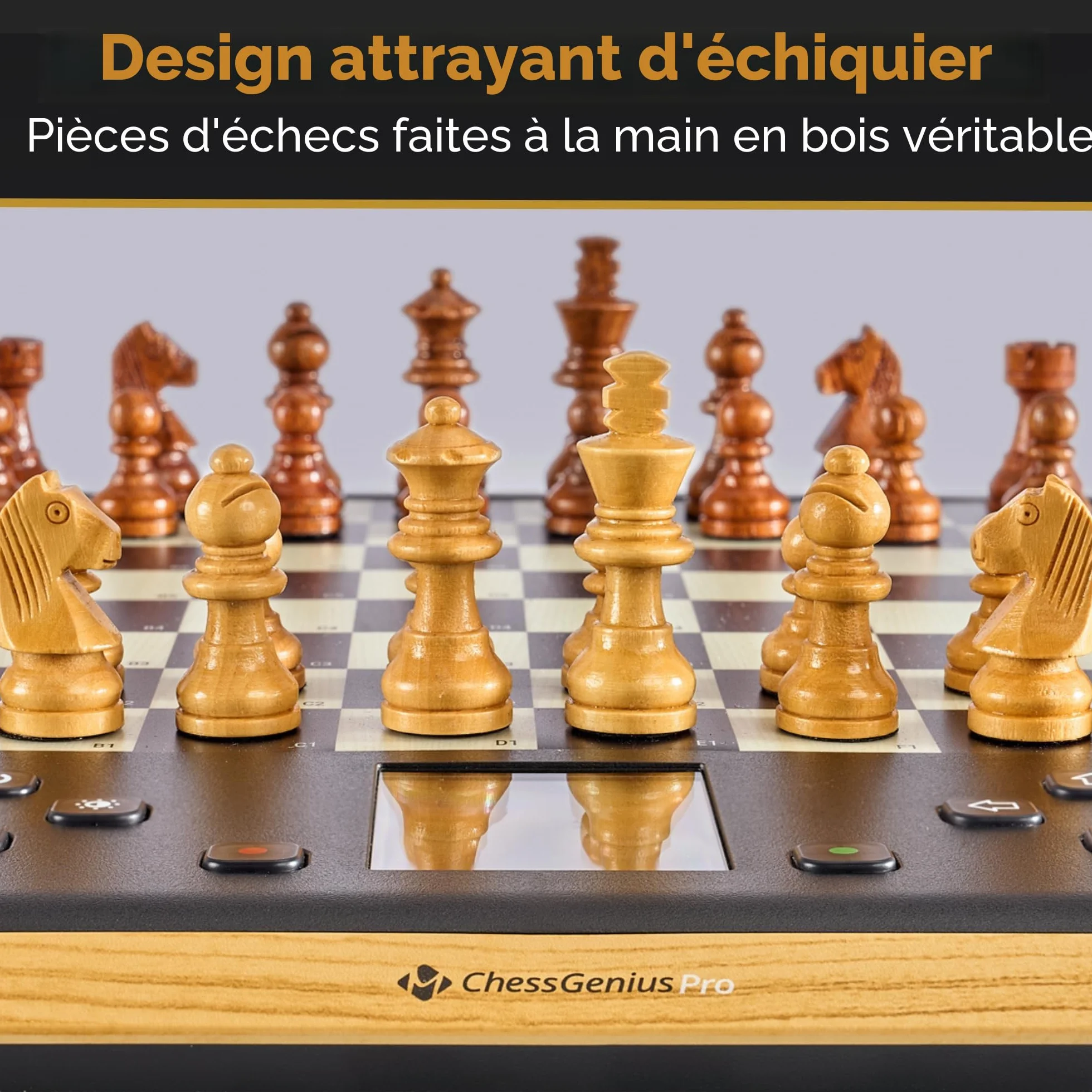 Ordinateur d'échecs MILLENNIUM ChessGenius Pro Wood Edition – Design élégant en Bois avec des pièces en Bois véritable, idéal pour Les Joueurs Amateurs grâce à Ses Fonctions d'apprentissage par IA