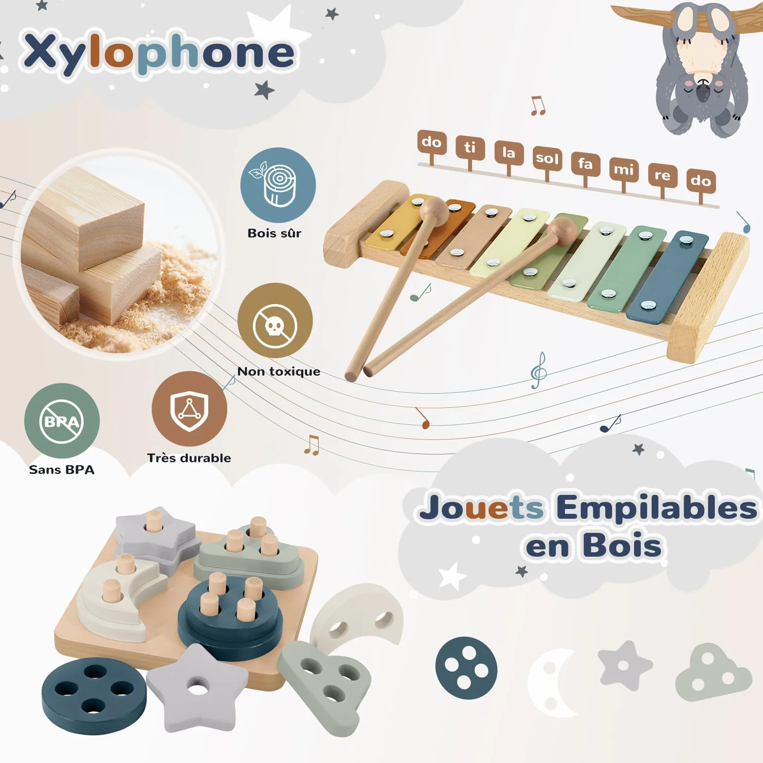 Jouet Montessori 5 en 1 Bebe 6 Mois et Plus, Jeux Sensoriel avec Tri de Formes, Xylophone, Gobelets Empilables