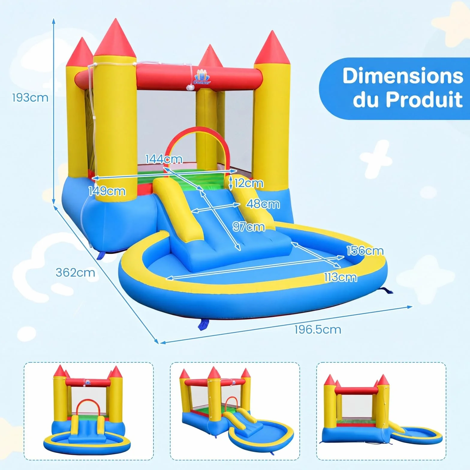 COSTWAY 3 en 1 Château Gonflable avec Toboggan et Maison de Saut, Aire de Jeux avec Piscine à Balles et 50 Balles Océaniques, pour 3-12 Ans