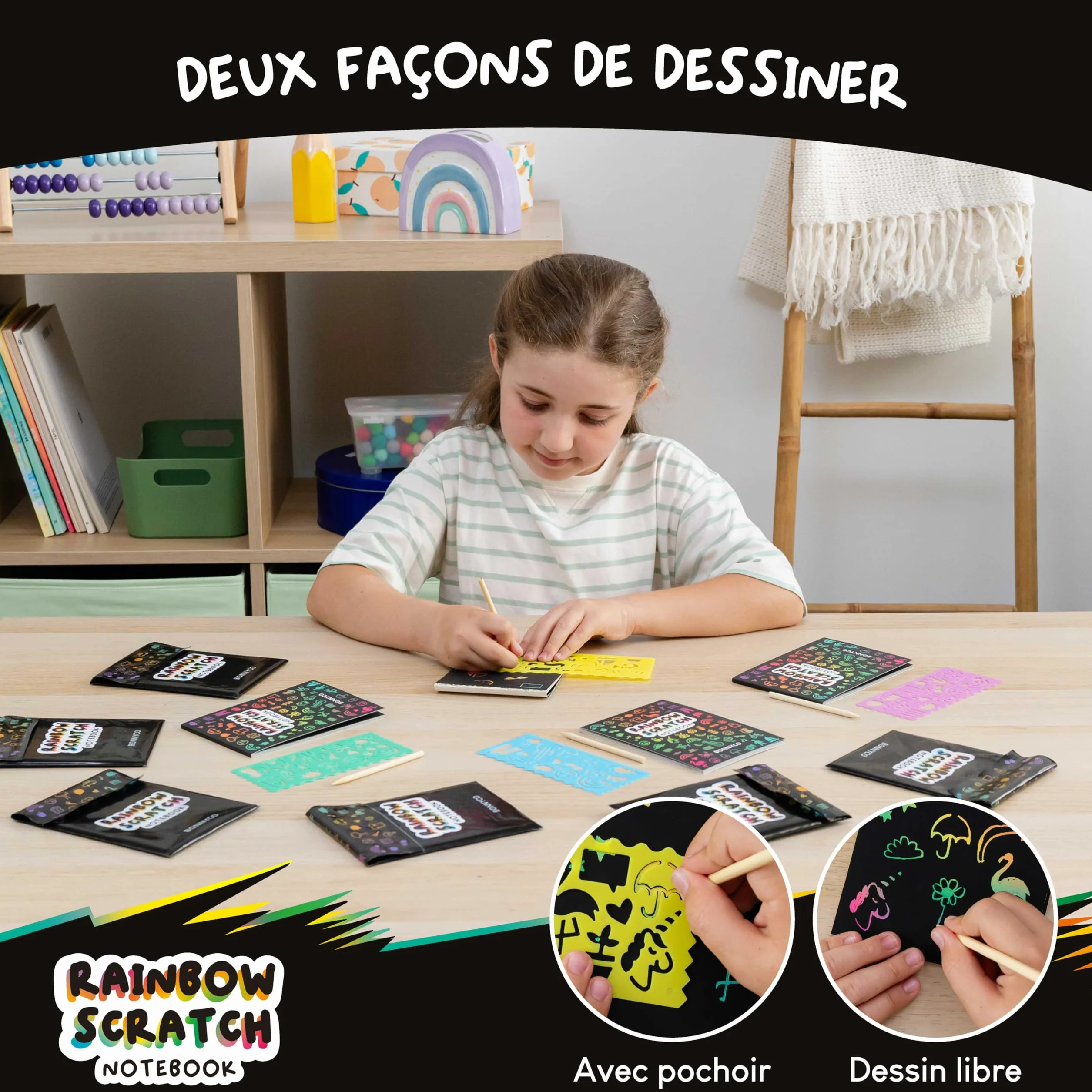 BONNYCO Carte a Gratter Enfant 16 Sets avec Carnet, Pochoir et Stylet en Bois