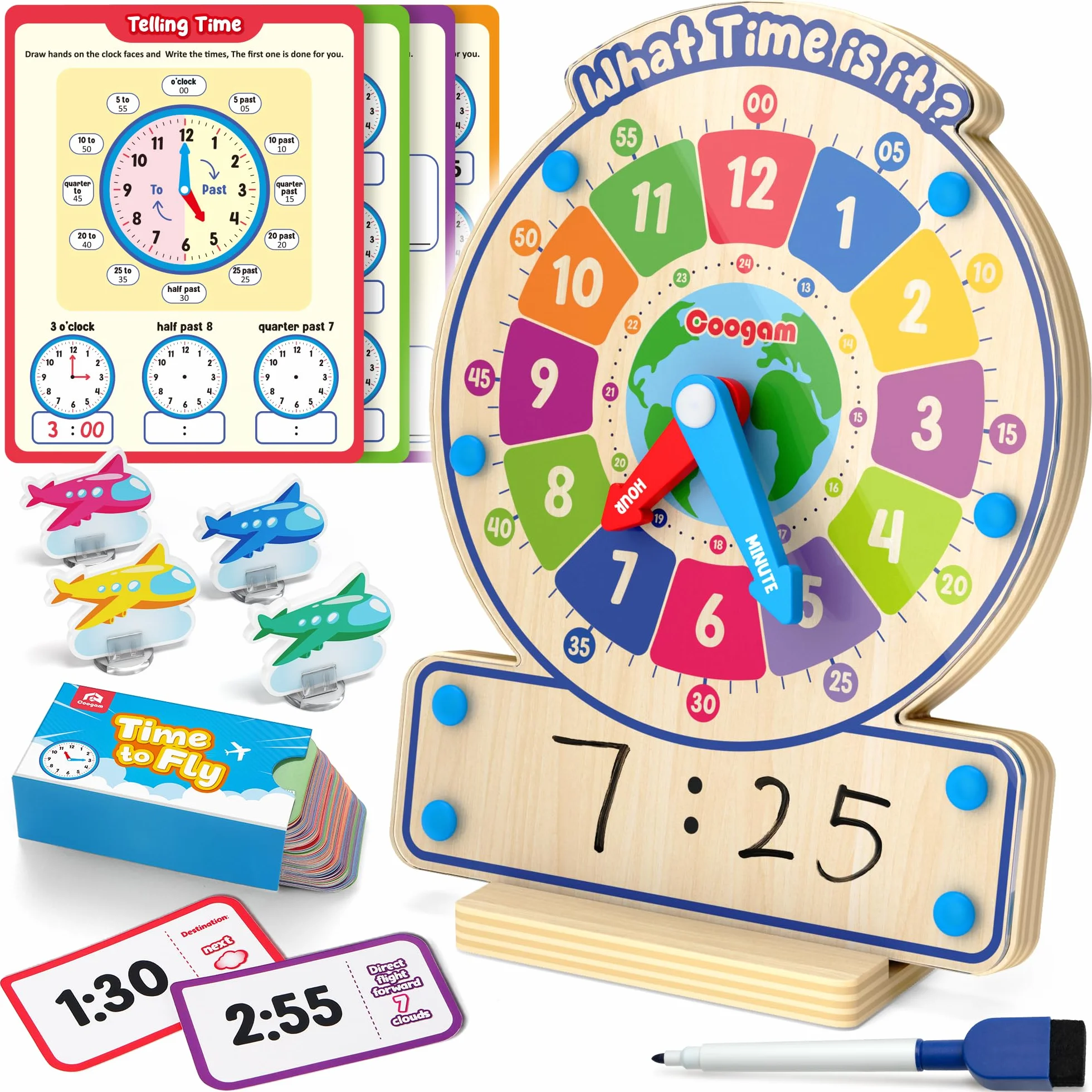 Coogam Horloge en Bois d'Enseignement du Temps, Jeu Éducatif pour Enfants 3 4 5 Ans