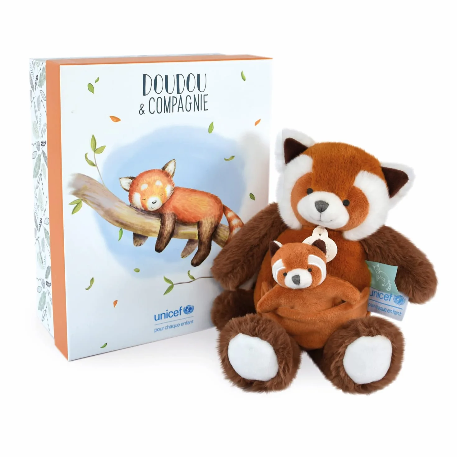 Peluche Panda Roux 25 cm Marron - DOUDOU ET COMPAGNIE - Avec Bébé - Boîte Cadeau - Collection UNICEF