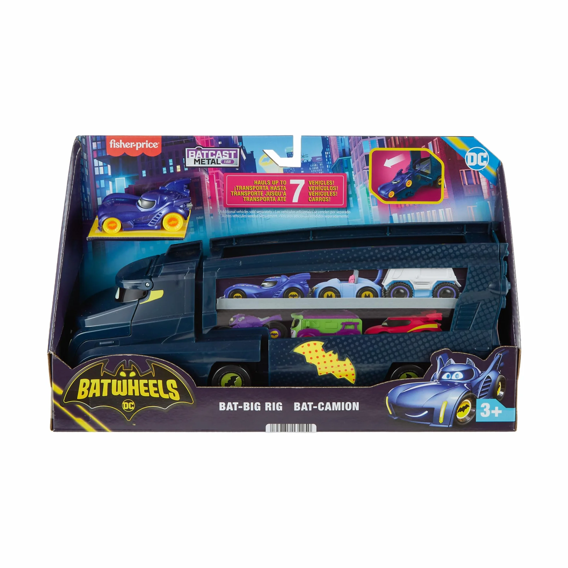 Fisher-Price Camion Transporteur Bat-Camion Batwheels DC Rampe Remorque 7 Véhicules Échelle 1/55 Jouet Enfant 3 Ans HMX07