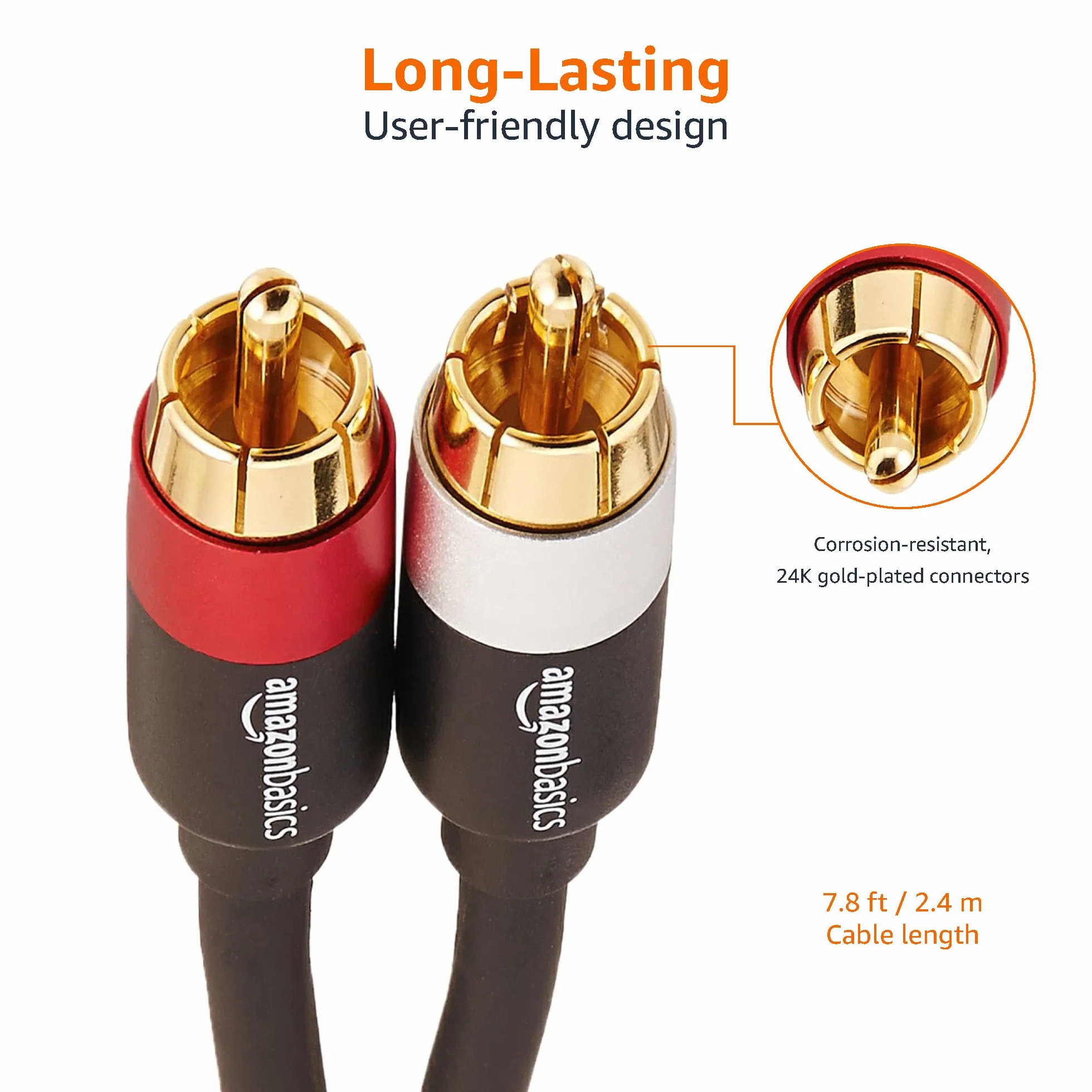 Amazon Basics câble audio RCA 2.4 m plaqué or noir