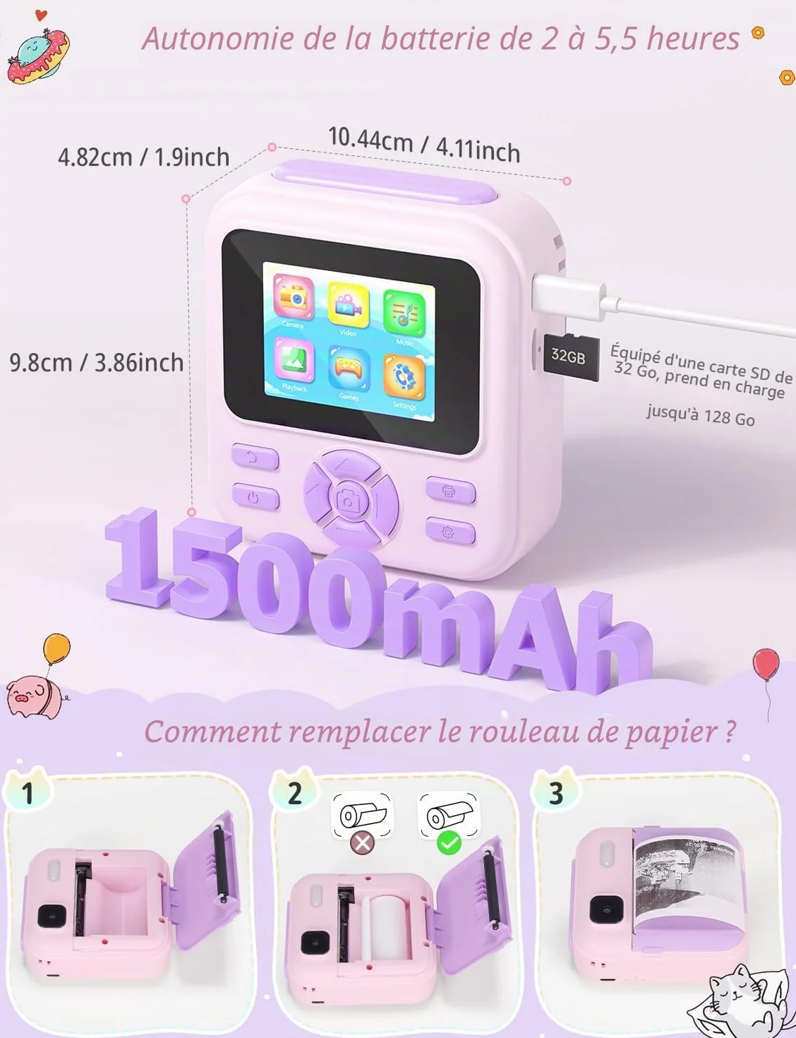 YOHOOLYO Appareil Photo Instantané Enfant 2,4" 1080P Vidéo Selfie avec Carte 32 Go et Papier d'impression Violet