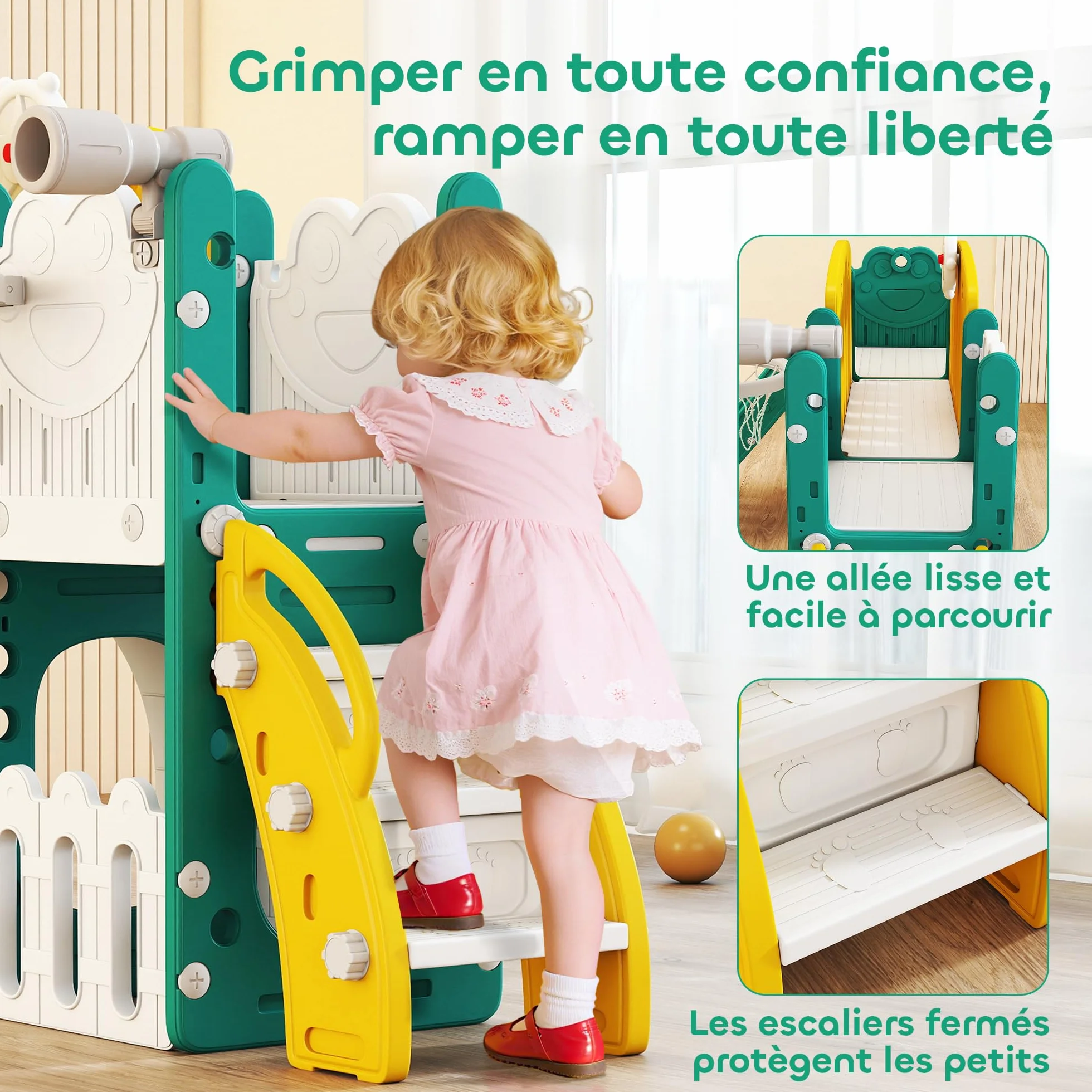 AIYAPLAY Toboggan 7 en 1 pour Enfant avec Panier de Basket, Tunnel, Escalade, Aire de Jeux intérieur et extérieur 1-3 Ans Jaune