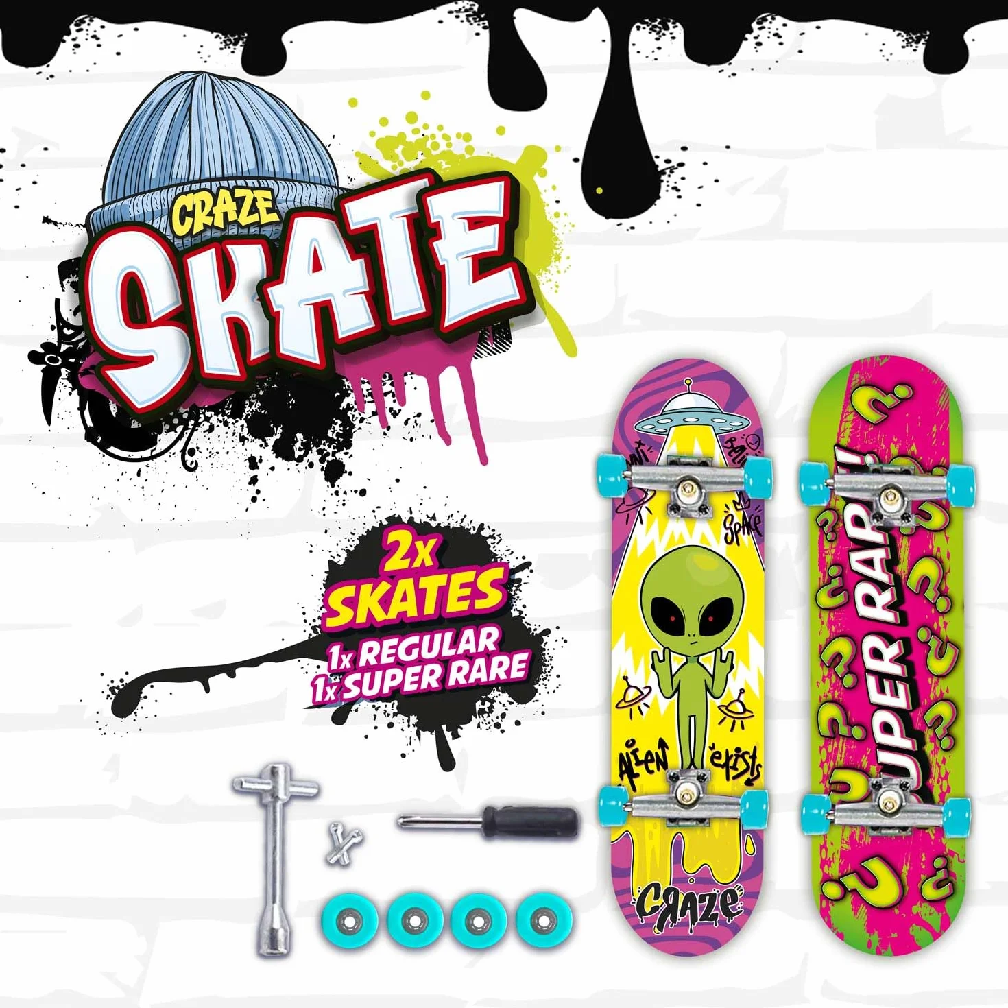 Craze Skate Pack de 2 Mini Skate Doigt Designs Aléatoires Parmi 4 Modèles Fingerboard Personnalisable avec Outils et Pièces