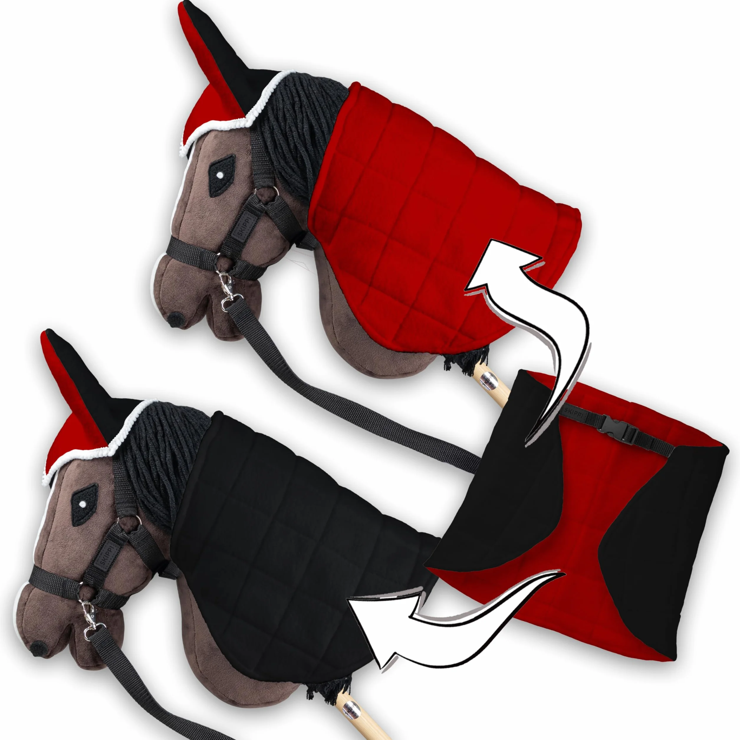 SKIPPI Couverture Réversible et Bonnet Anti Mouches pour Hobby Horse - Rouge et Noir, Accessoire Tête de Cheval