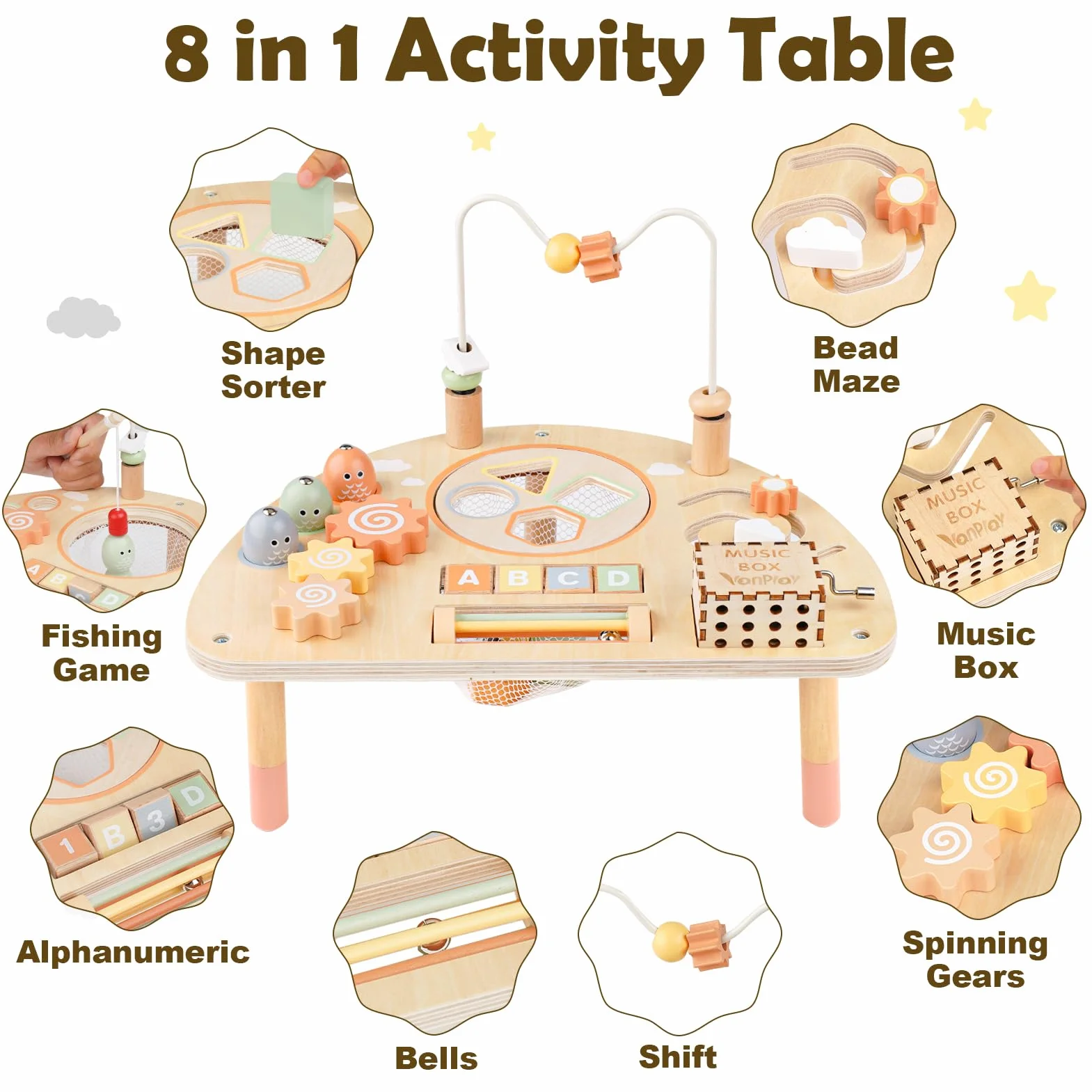 Vanplay Table Activité Bébé Jouet Montessori Jouets en Bois Sensoriels Labyrinthe de Perles Trieur de Formes Cadeau 2 3 4 ans
