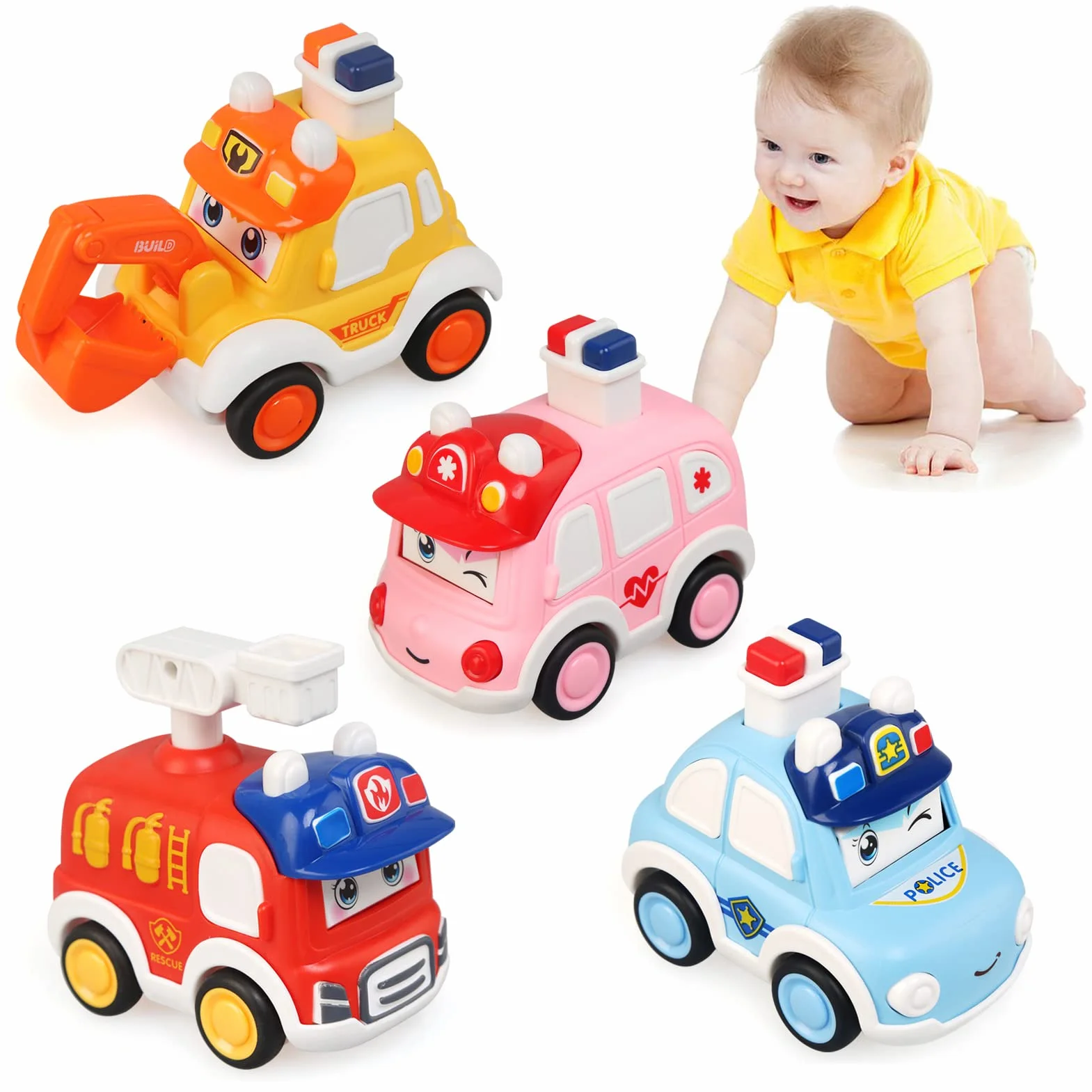 JoyPlus Voiture Bebe 1 An, 4 Pièces Petite Voiture Enfant 2 Ans, Press and Go Véhicules Jouet à Friction pour Enfants