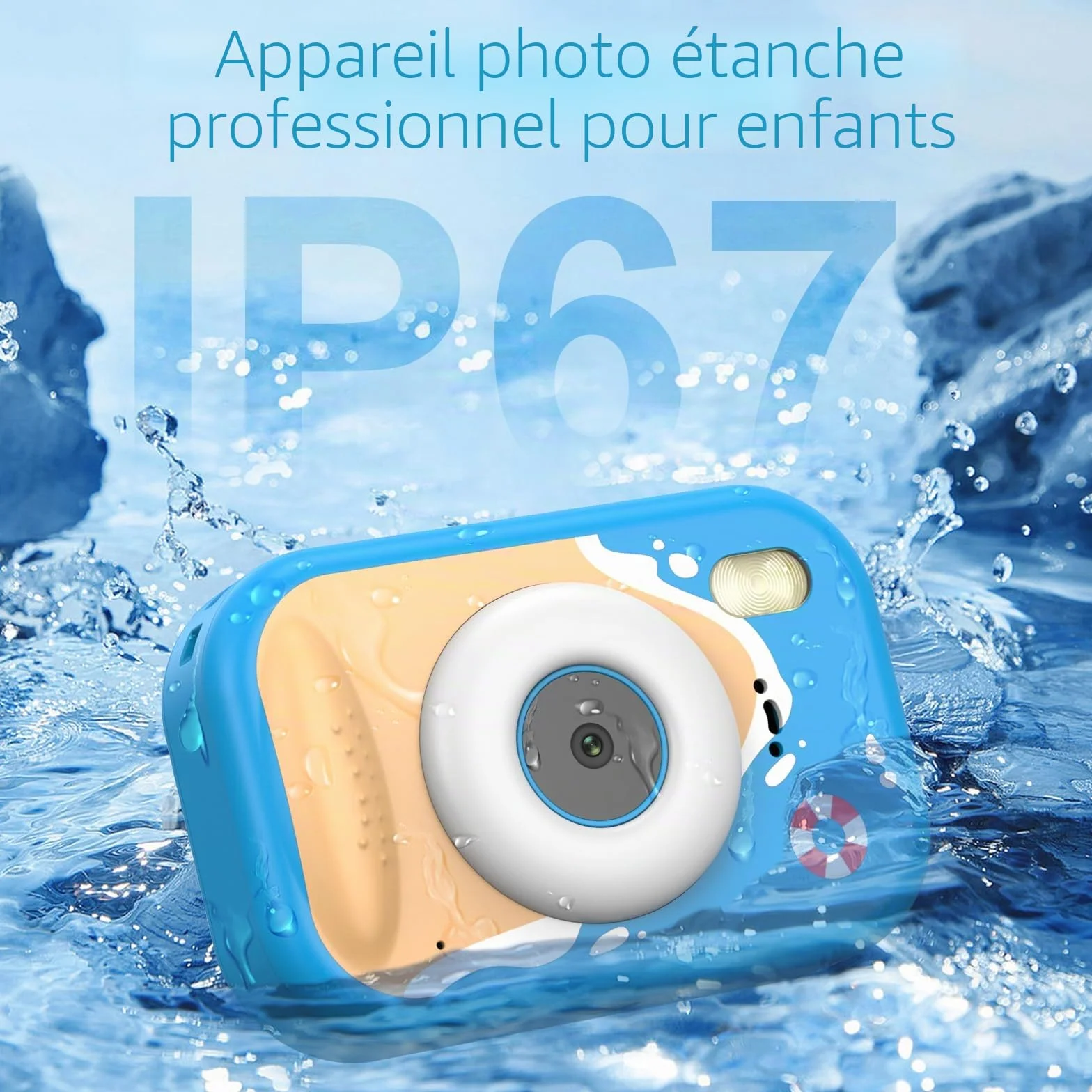 Appareil Photo Enfant Étanche 48MP 1080P Caméra sous-Marine 2,4 Pouces LED Flash Carte TF 32 Go Bleu